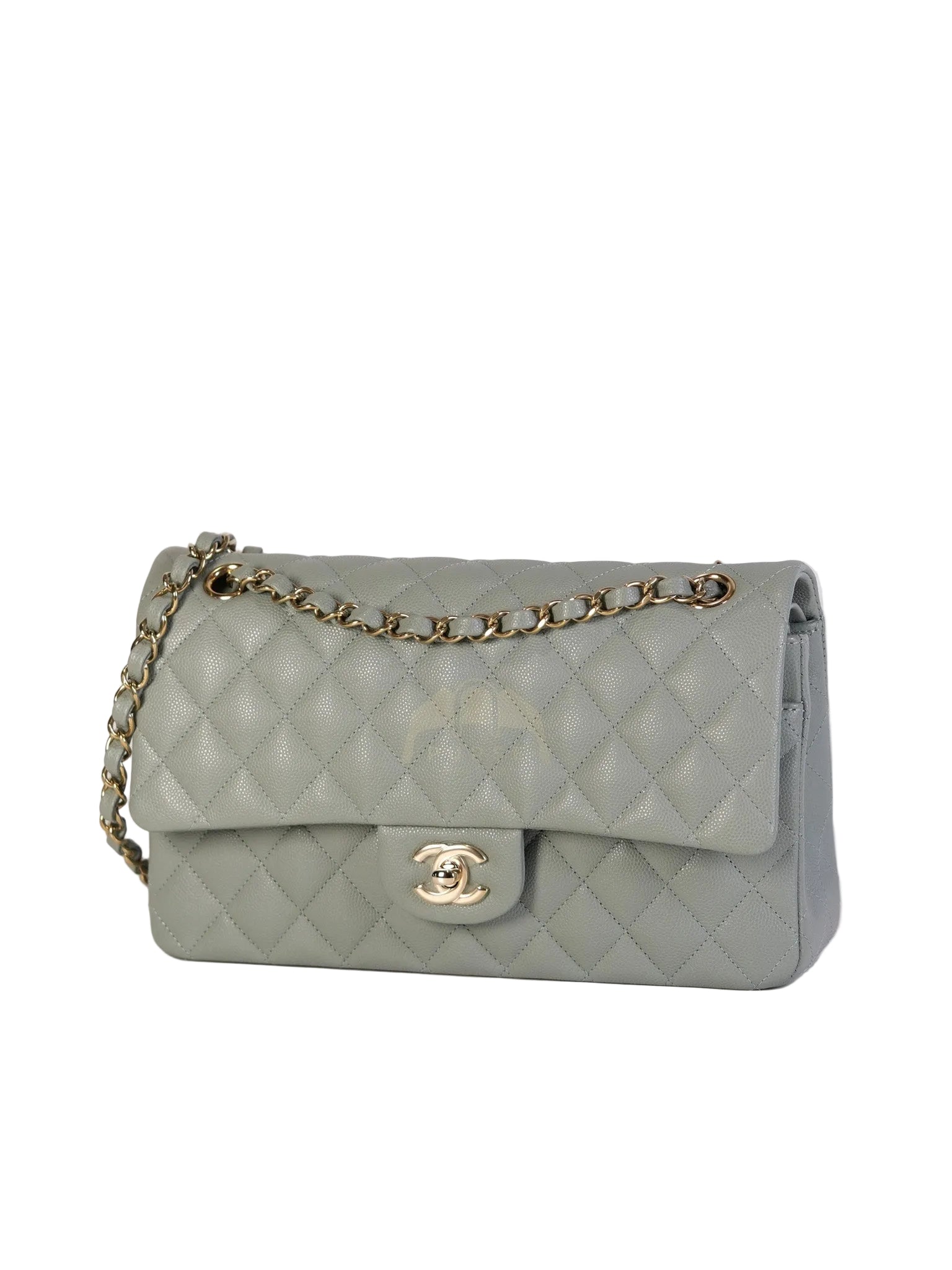 Classic Double Flap Medium in Mint Green Quilted Caviar Leather & Light Gold Hardware Microchip | Purse Maison Luxury Bags Shop
