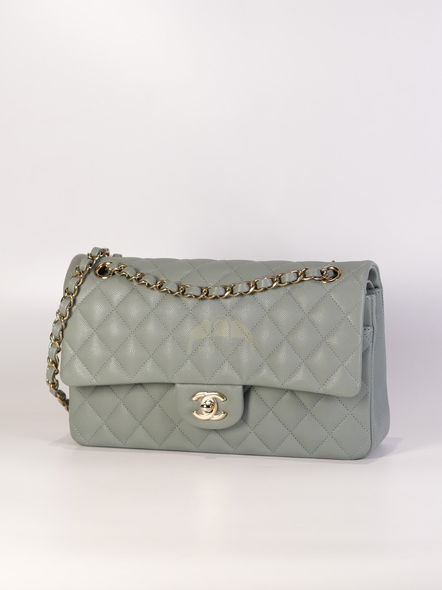 Classic Double Flap Medium in Mint Green Quilted Caviar Leather & Light Gold Hardware Microchip | Purse Maison Luxury Bags Shop