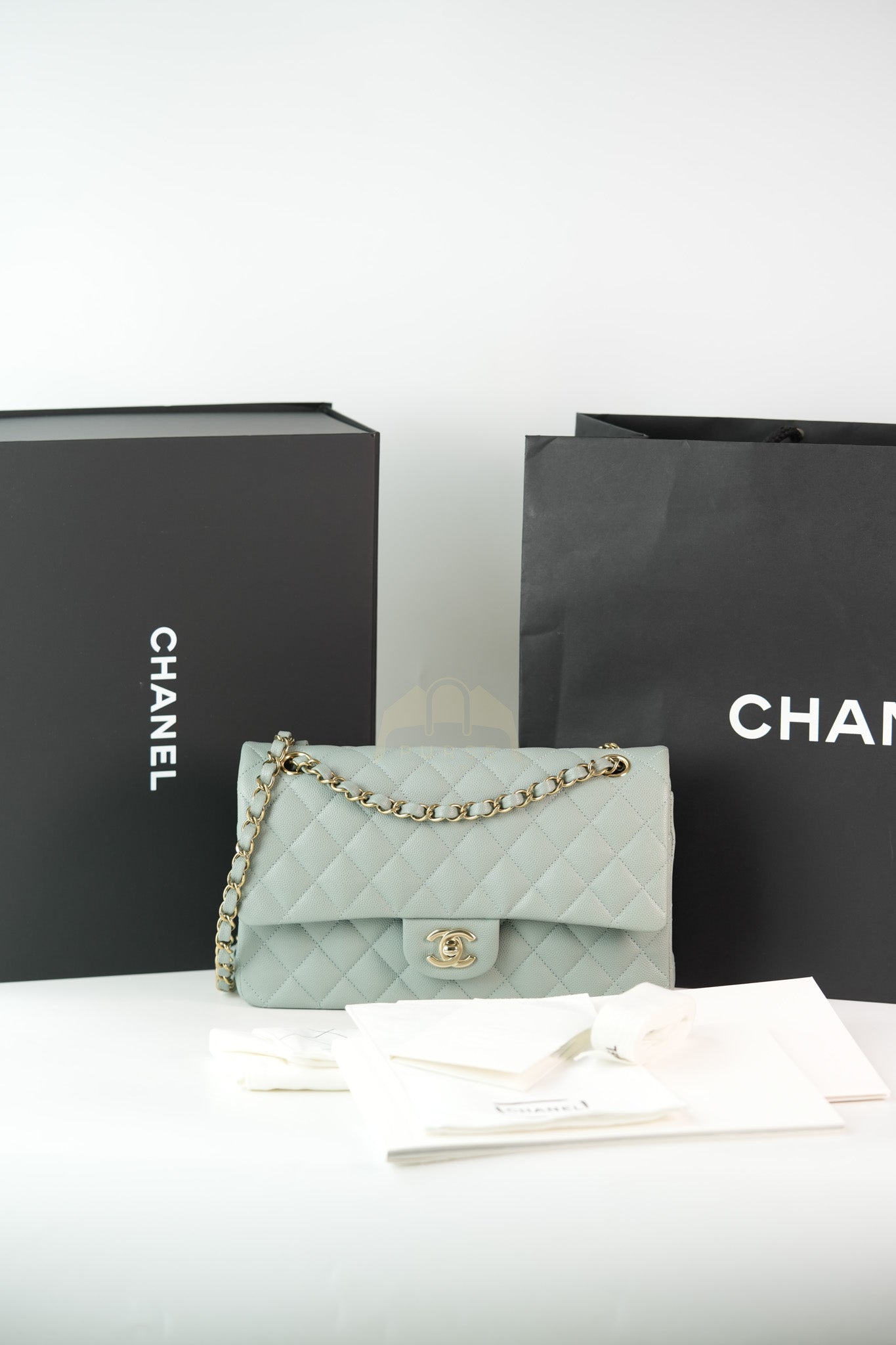 Classic Double Flap Medium in Mint Green Quilted Caviar Leather & Light Gold Hardware Microchip | Purse Maison Luxury Bags Shop