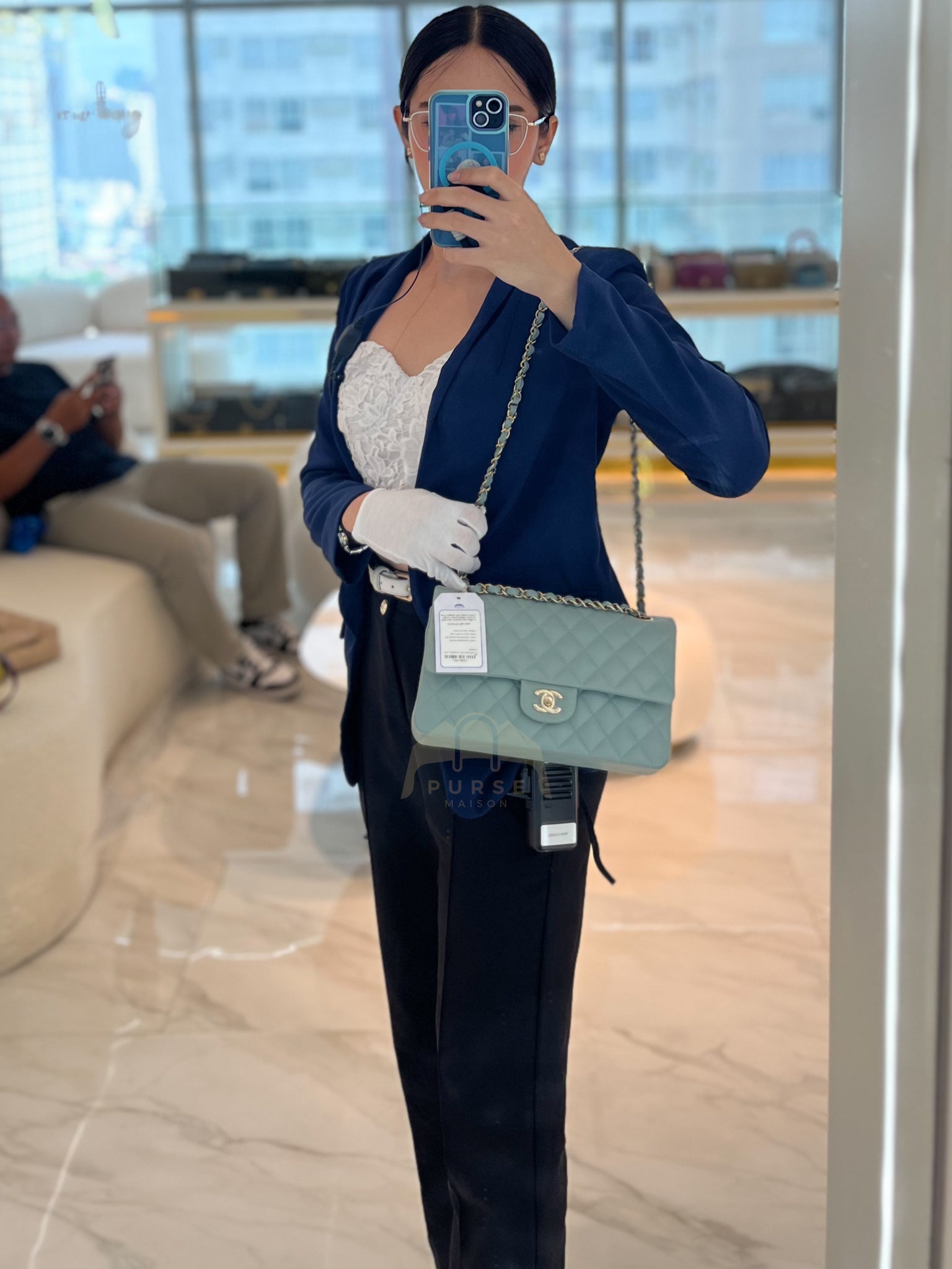 Classic Double Flap Medium in Mint Green Quilted Caviar Leather & Light Gold Hardware Microchip | Purse Maison Luxury Bags Shop