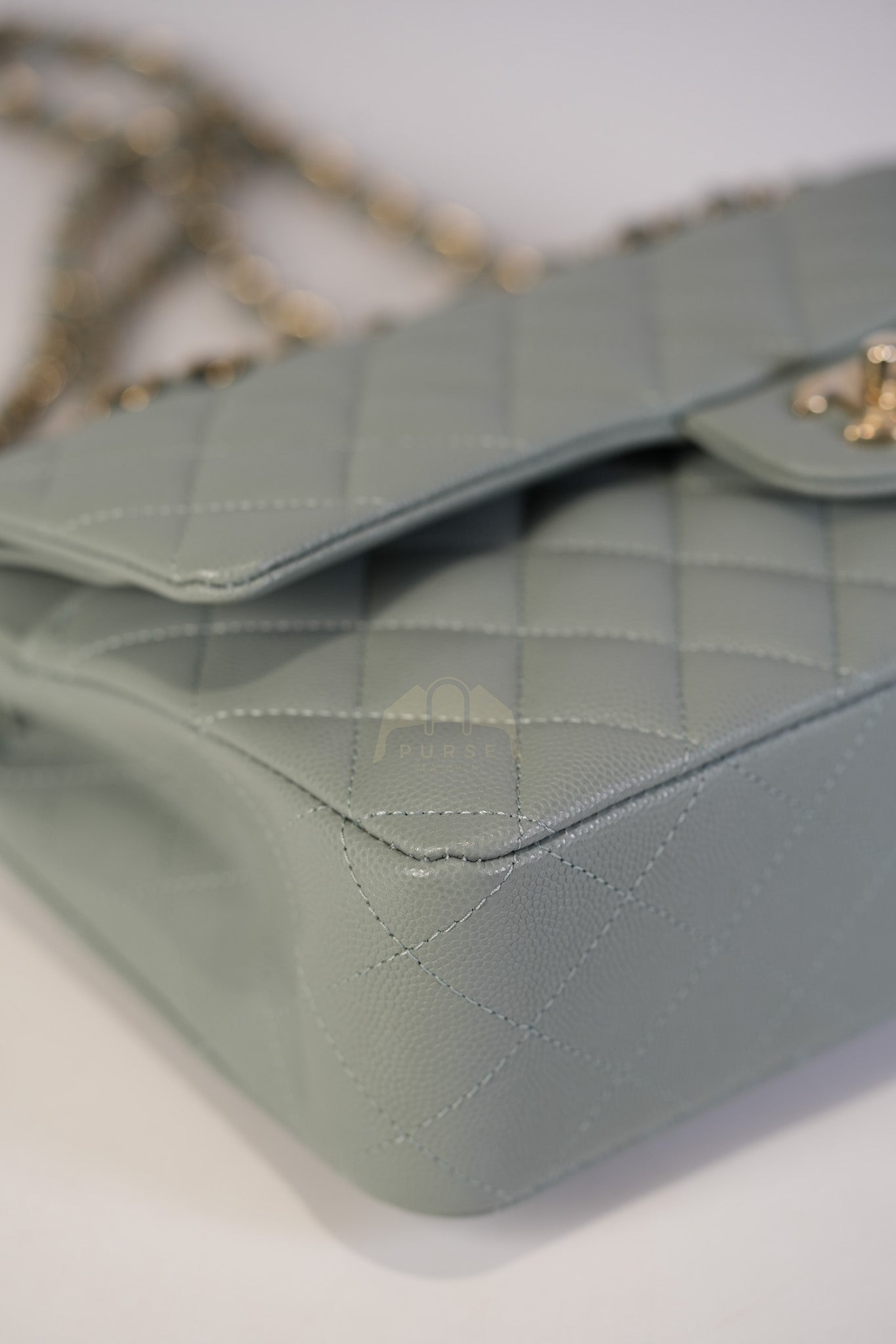 Classic Double Flap Medium in Mint Green Quilted Caviar Leather & Light Gold Hardware Microchip | Purse Maison Luxury Bags Shop