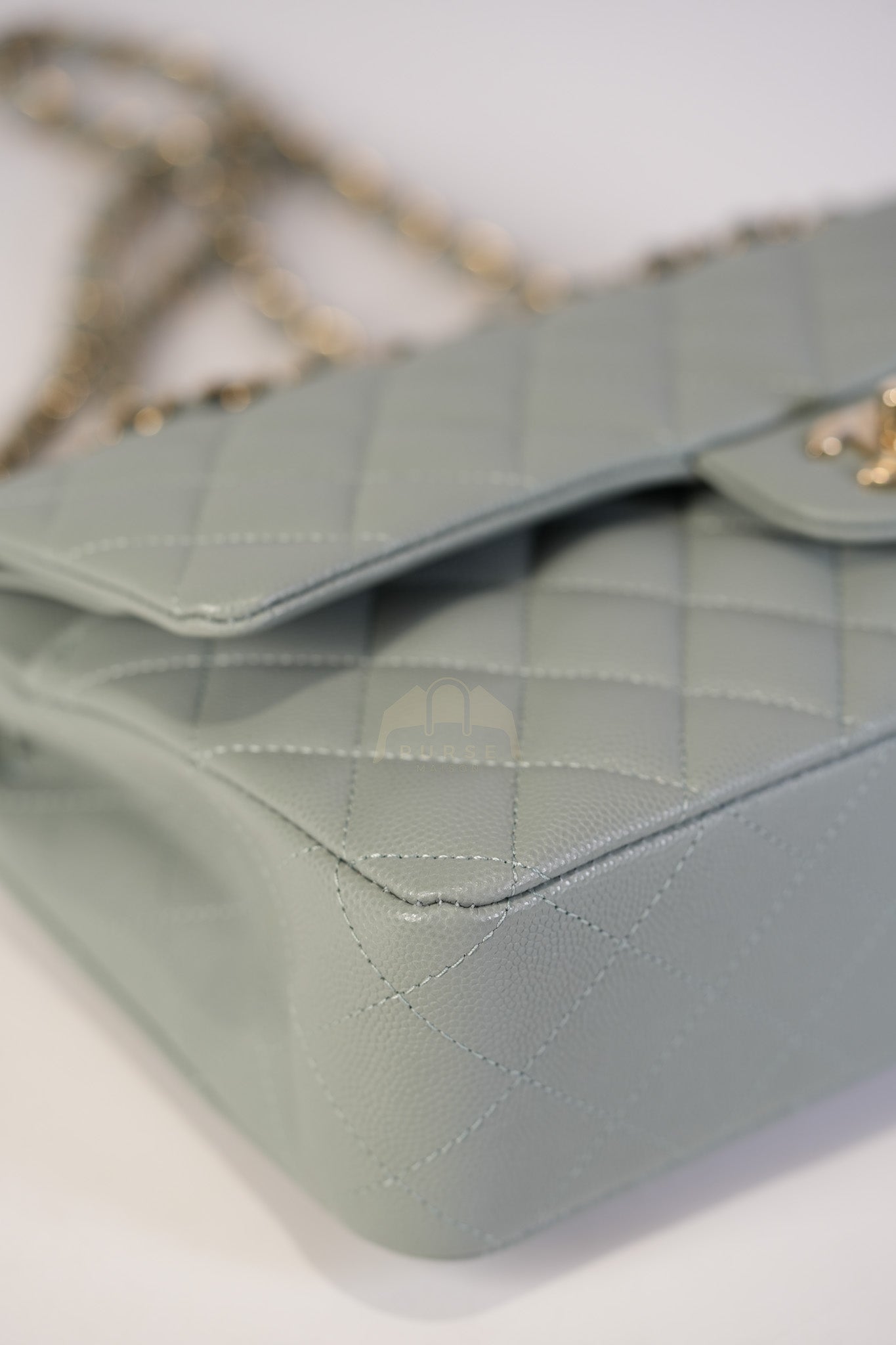 Classic Double Flap Medium in Mint Green Quilted Caviar Leather & Light Gold Hardware Microchip | Purse Maison Luxury Bags Shop
