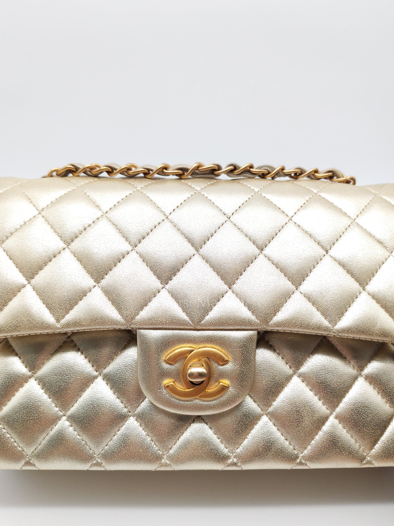 Classic Double Flap Medium Metallic Gold Lambskin Leather and Aged Gold Hardware (Microchip) | Purse Maison Luxury Bags Shop