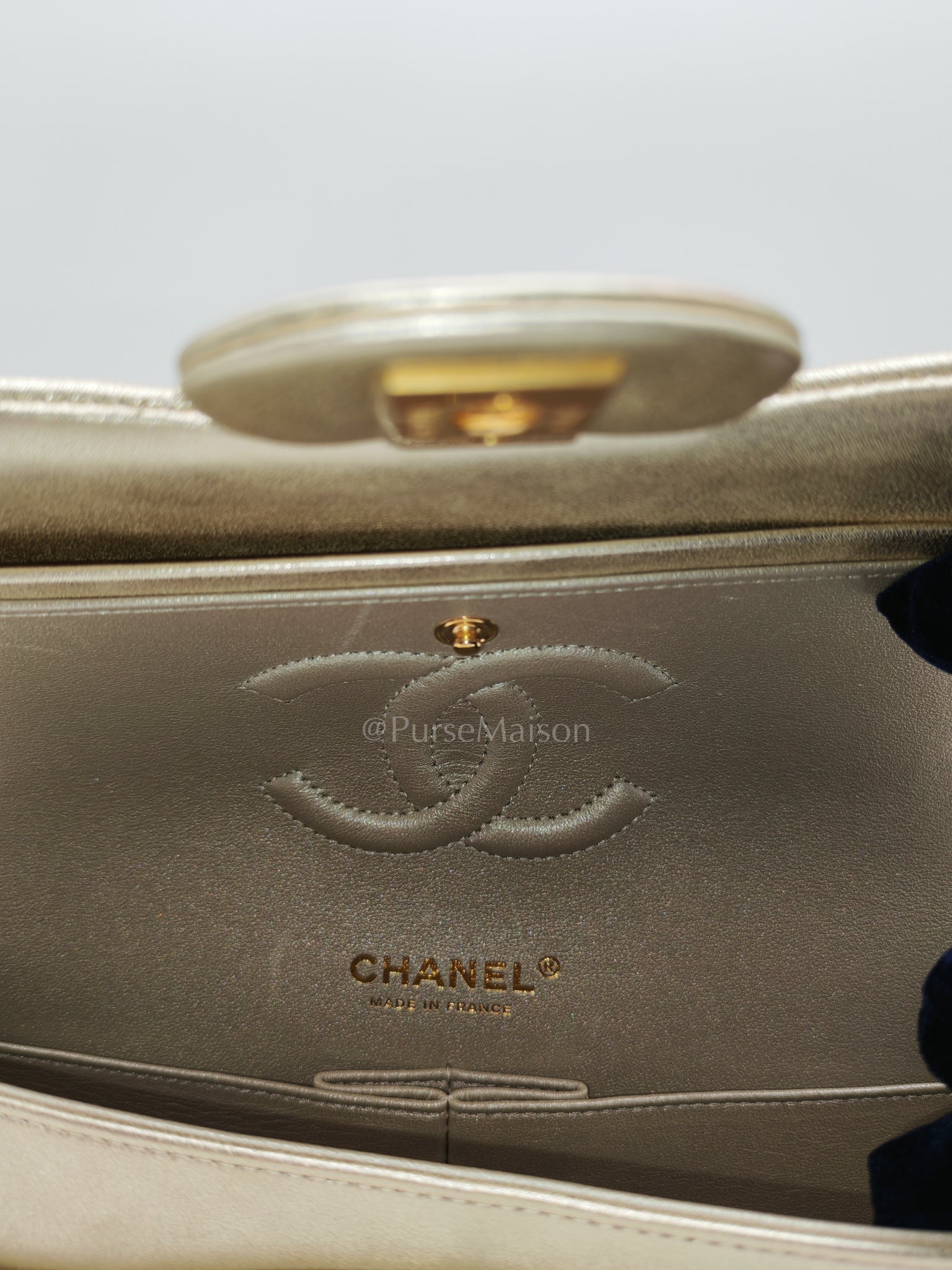 Classic Double Flap Medium Metallic Gold Lambskin Leather and Aged Gold Hardware (Microchip) | Purse Maison Luxury Bags Shop