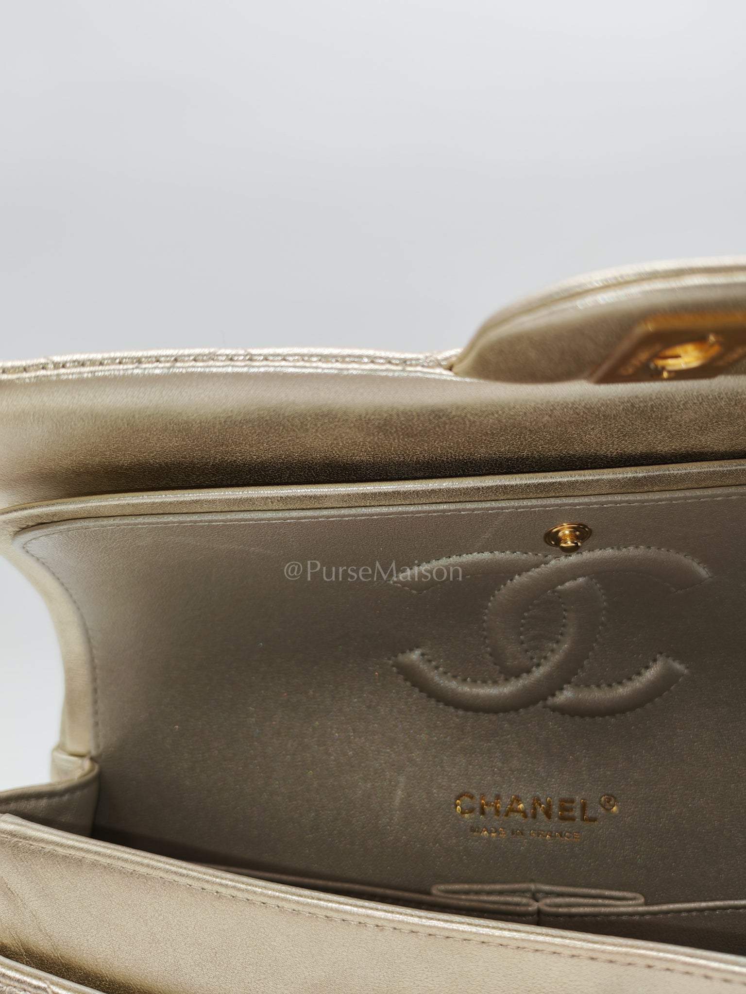 Classic Double Flap Medium Metallic Gold Lambskin Leather and Aged Gold Hardware (Microchip) | Purse Maison Luxury Bags Shop