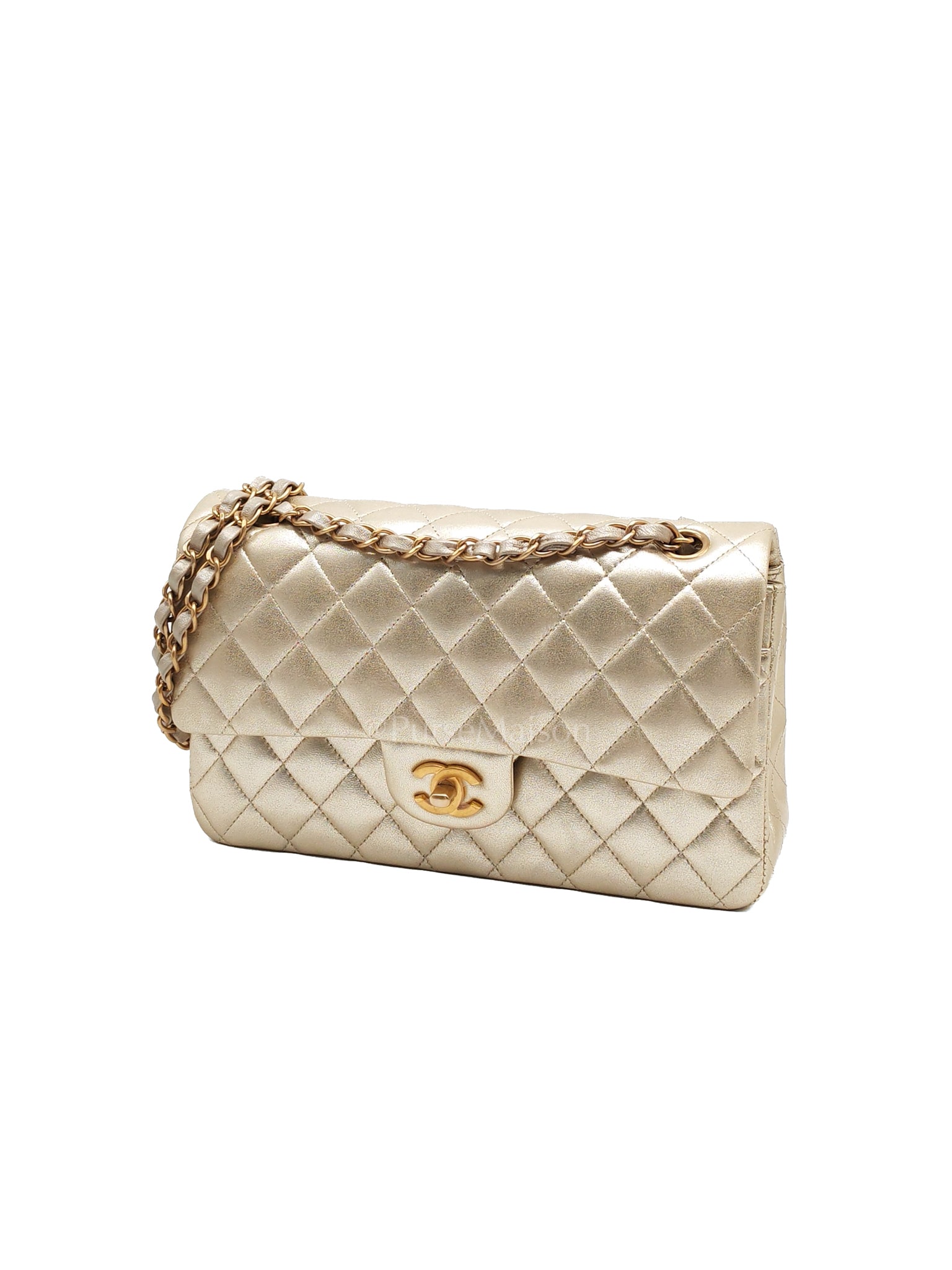 Classic Double Flap Medium Metallic Gold Lambskin Leather and Aged Gold Hardware (Microchip) | Purse Maison Luxury Bags Shop