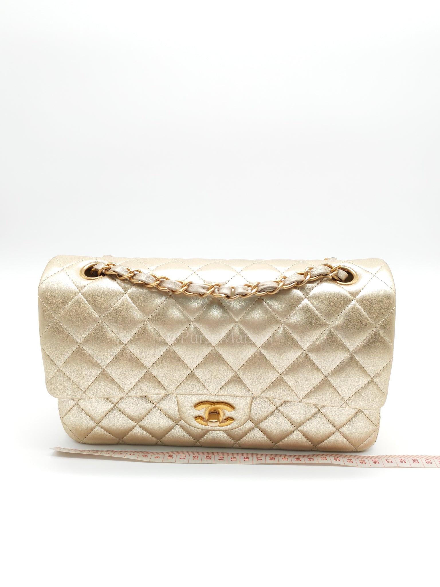 Classic Double Flap Medium Metallic Gold Lambskin Leather and Aged Gold Hardware (Microchip) | Purse Maison Luxury Bags Shop