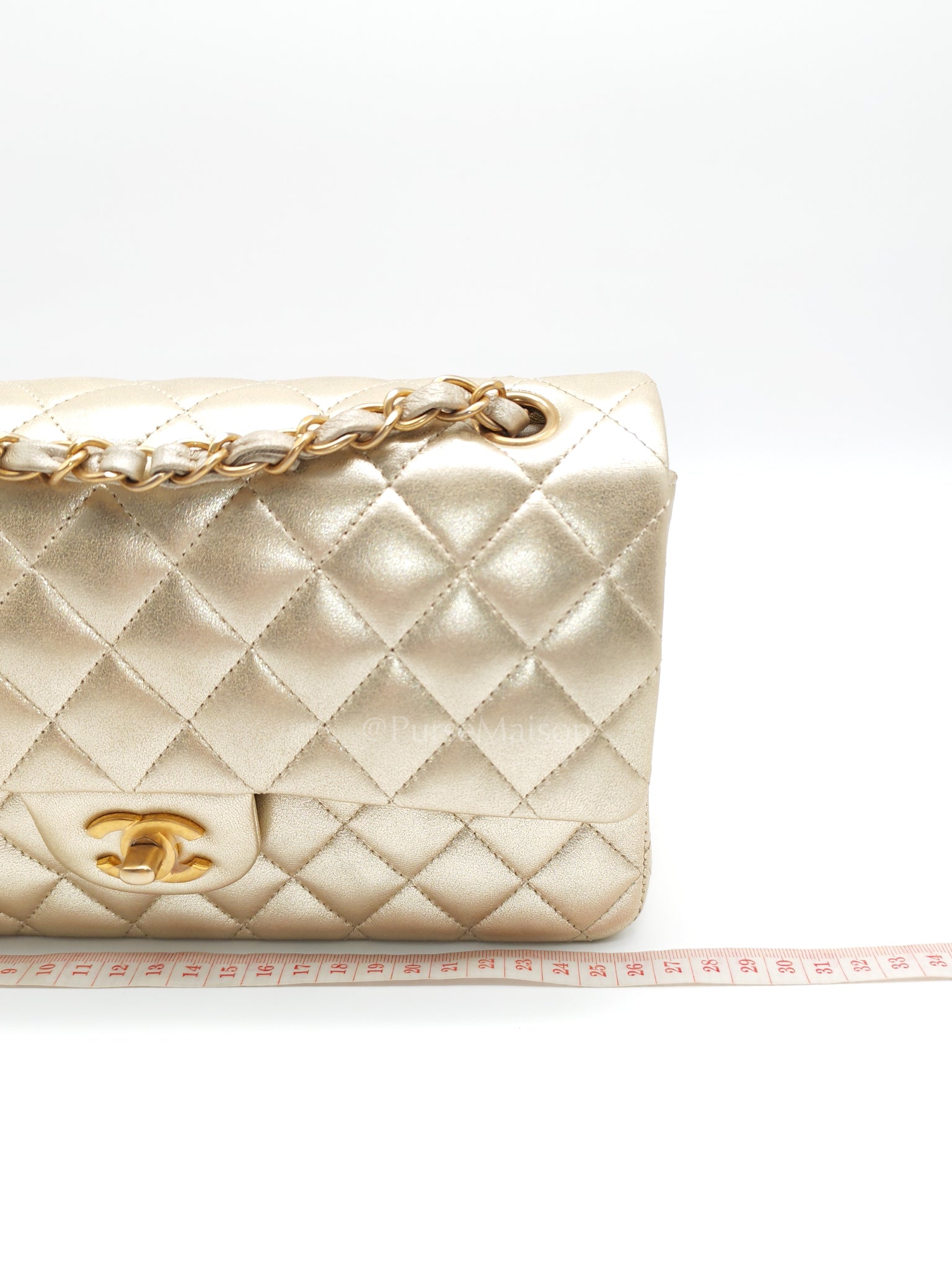 Classic Double Flap Medium Metallic Gold Lambskin Leather and Aged Gold Hardware (Microchip) | Purse Maison Luxury Bags Shop