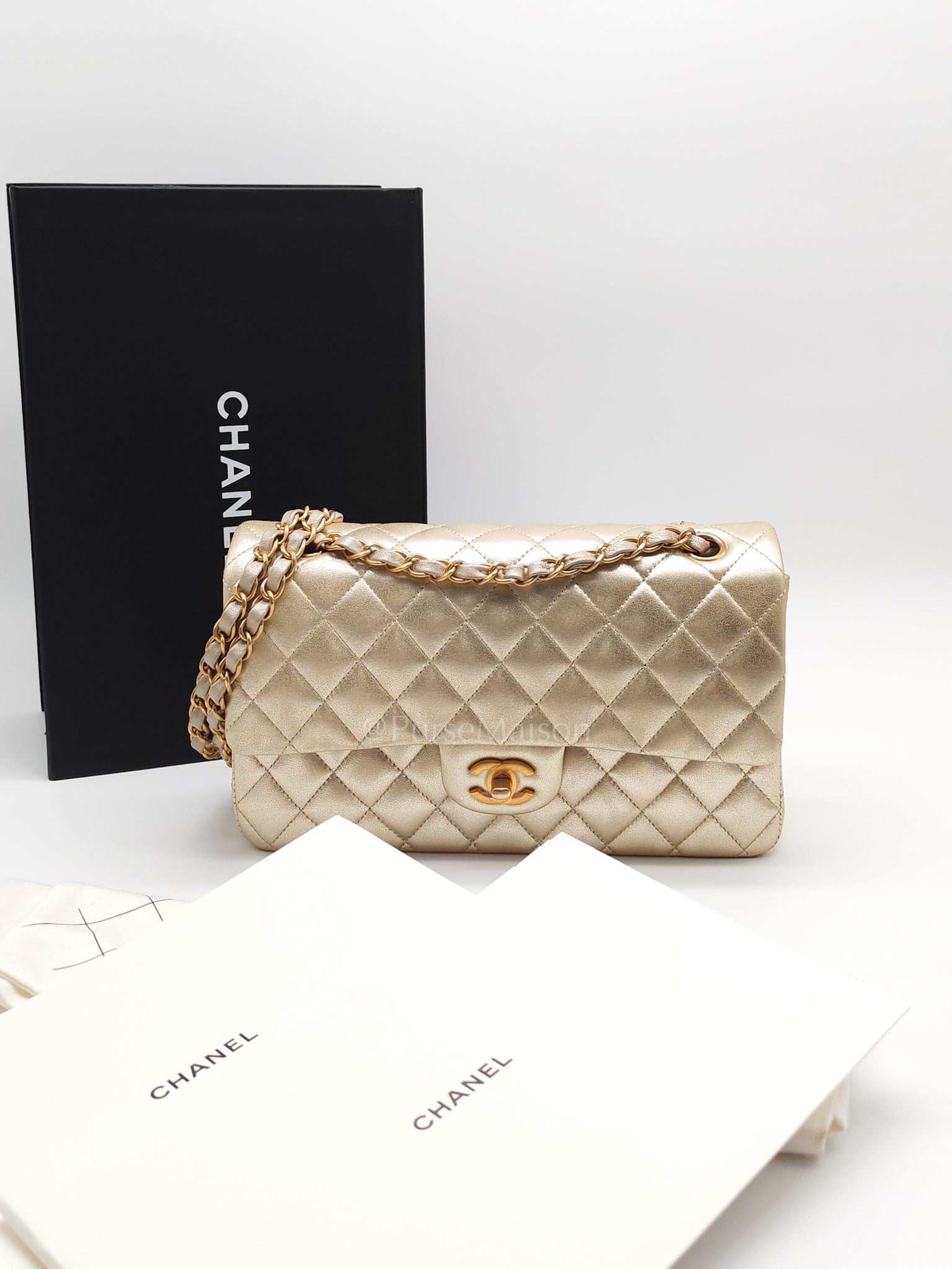 Classic Double Flap Medium Metallic Gold Lambskin Leather and Aged Gold Hardware (Microchip) | Purse Maison Luxury Bags Shop