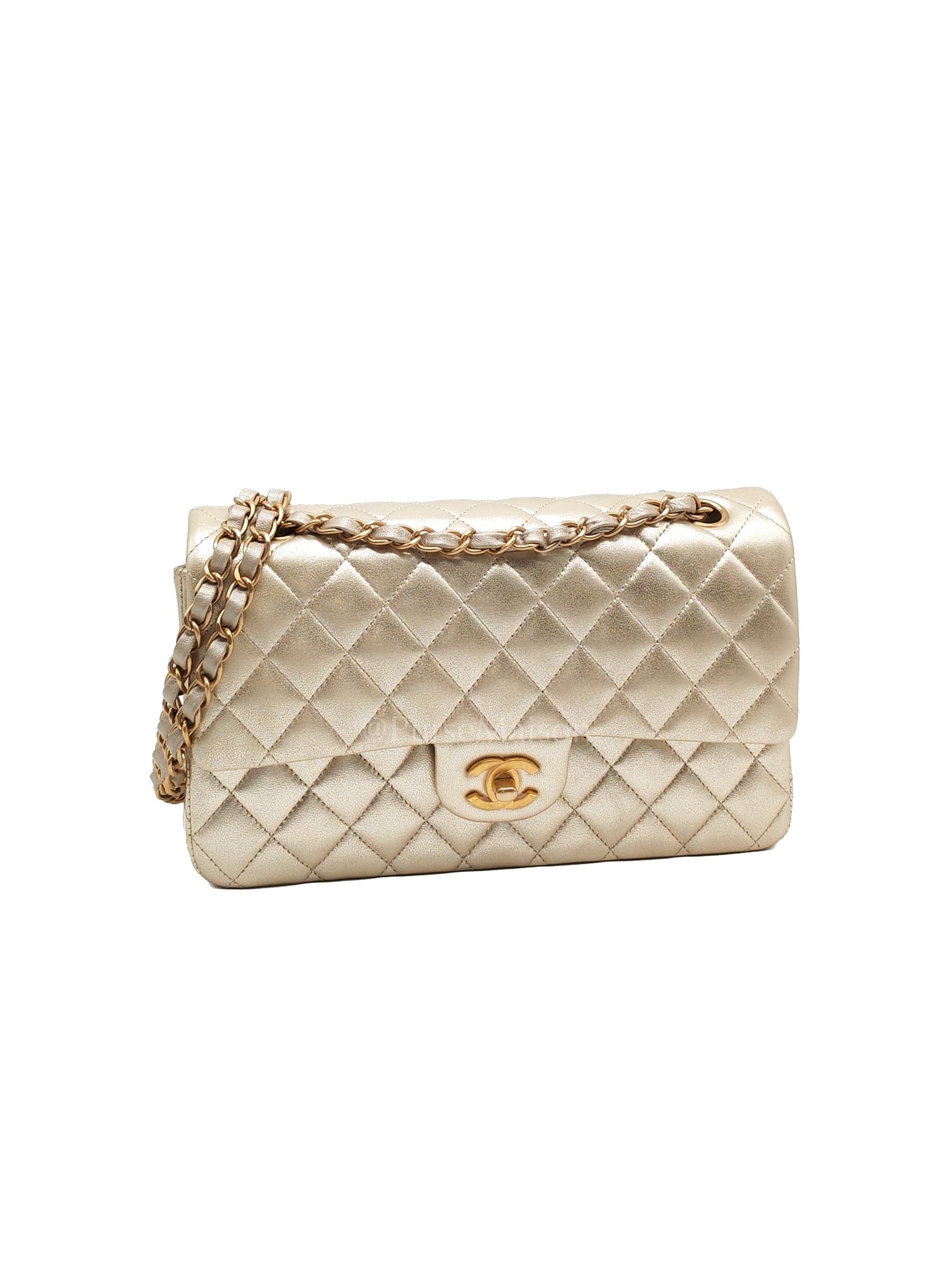 Classic Double Flap Medium Metallic Gold Lambskin Leather and Aged Gold Hardware (Microchip) | Purse Maison Luxury Bags Shop