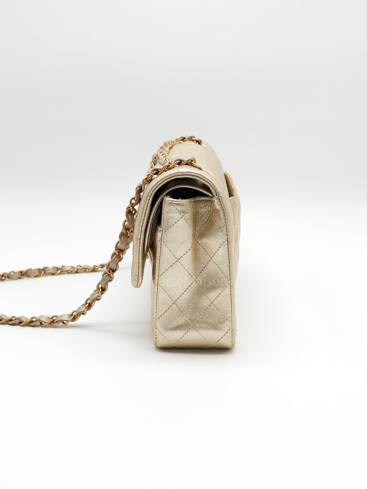 Classic Double Flap Medium Metallic Gold Lambskin Leather and Aged Gold Hardware (Microchip) | Purse Maison Luxury Bags Shop