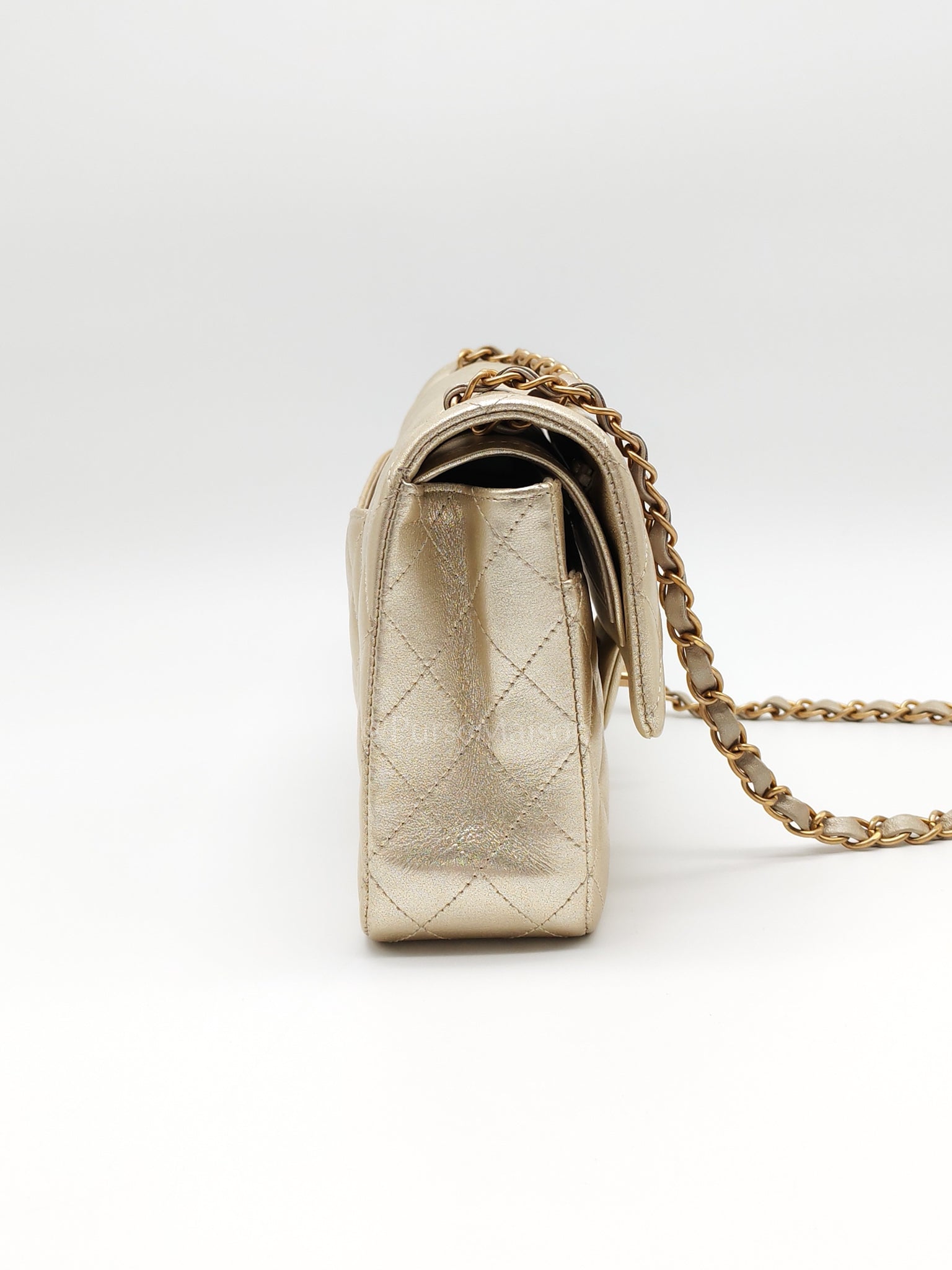 Classic Double Flap Medium Metallic Gold Lambskin Leather and Aged Gold Hardware (Microchip) | Purse Maison Luxury Bags Shop