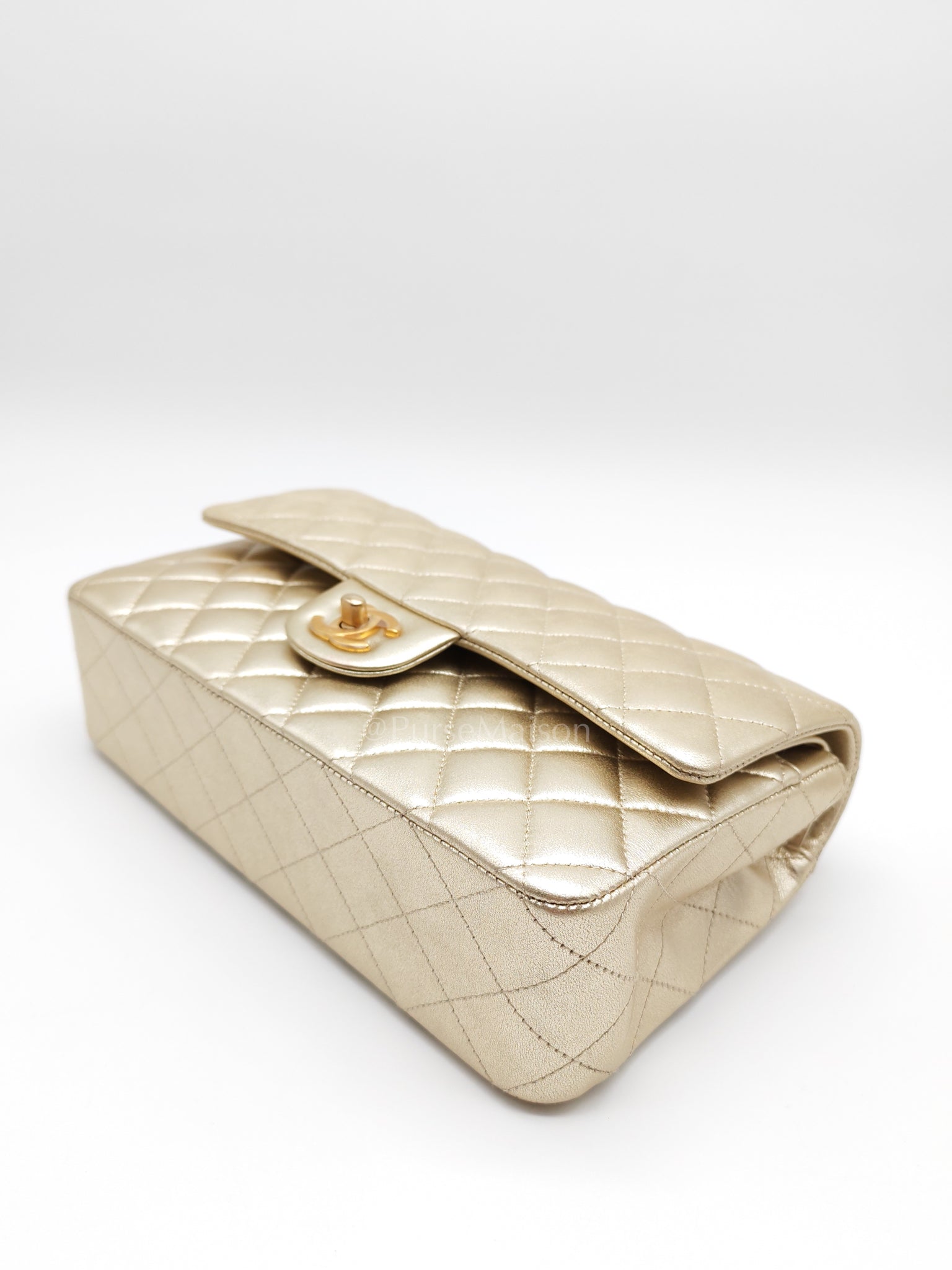 Classic Double Flap Medium Metallic Gold Lambskin Leather and Aged Gold Hardware (Microchip) | Purse Maison Luxury Bags Shop