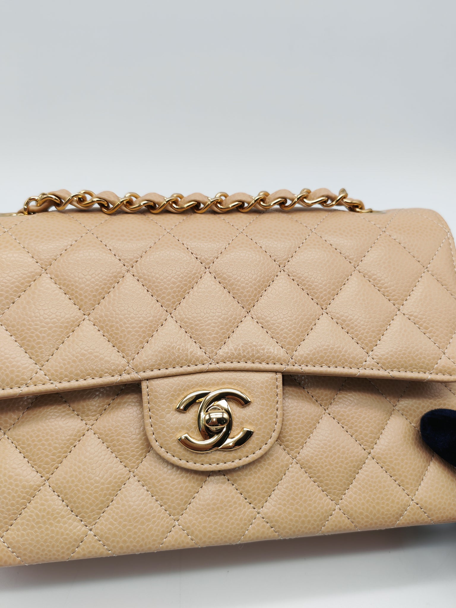 Classic Double Flap Small in Beige Clair Caviar Leather and Gold Hardware (Microchip) | Purse Maison Luxury Bags Shop