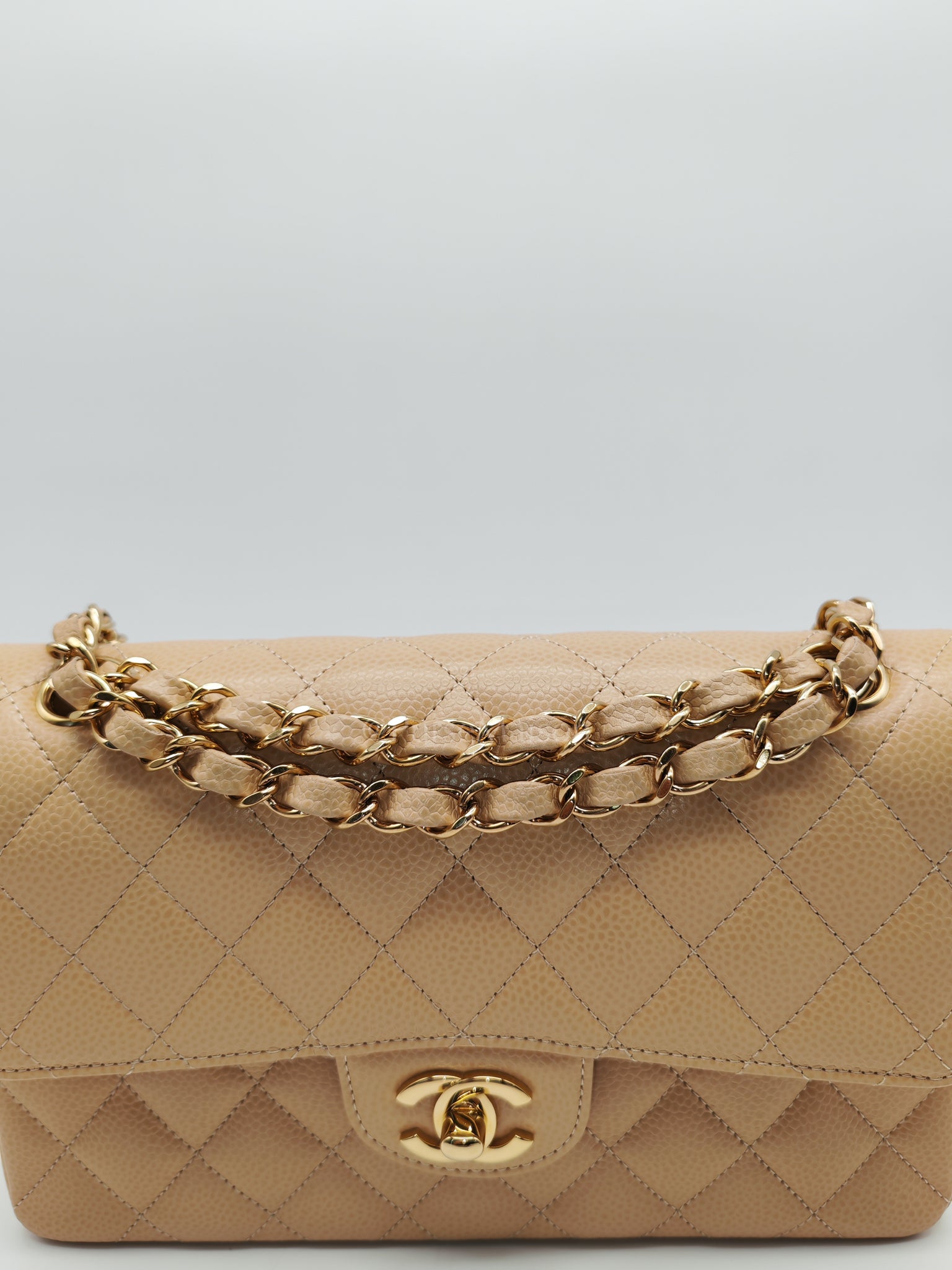 Classic Double Flap Small in Beige Clair Caviar Leather and Gold Hardware (Microchip) | Purse Maison Luxury Bags Shop