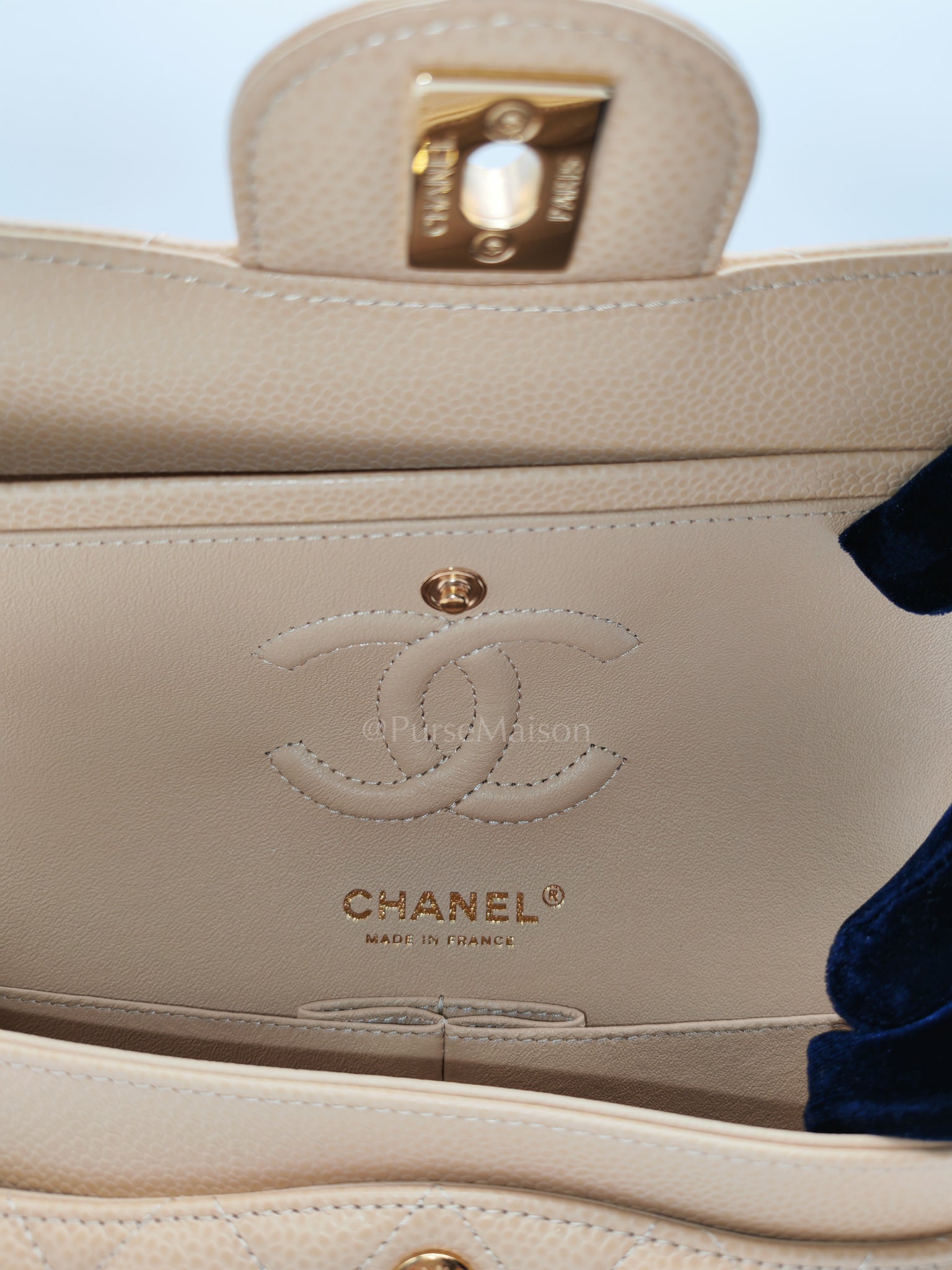 Classic Double Flap Small in Beige Clair Caviar Leather and Gold Hardware (Microchip) | Purse Maison Luxury Bags Shop