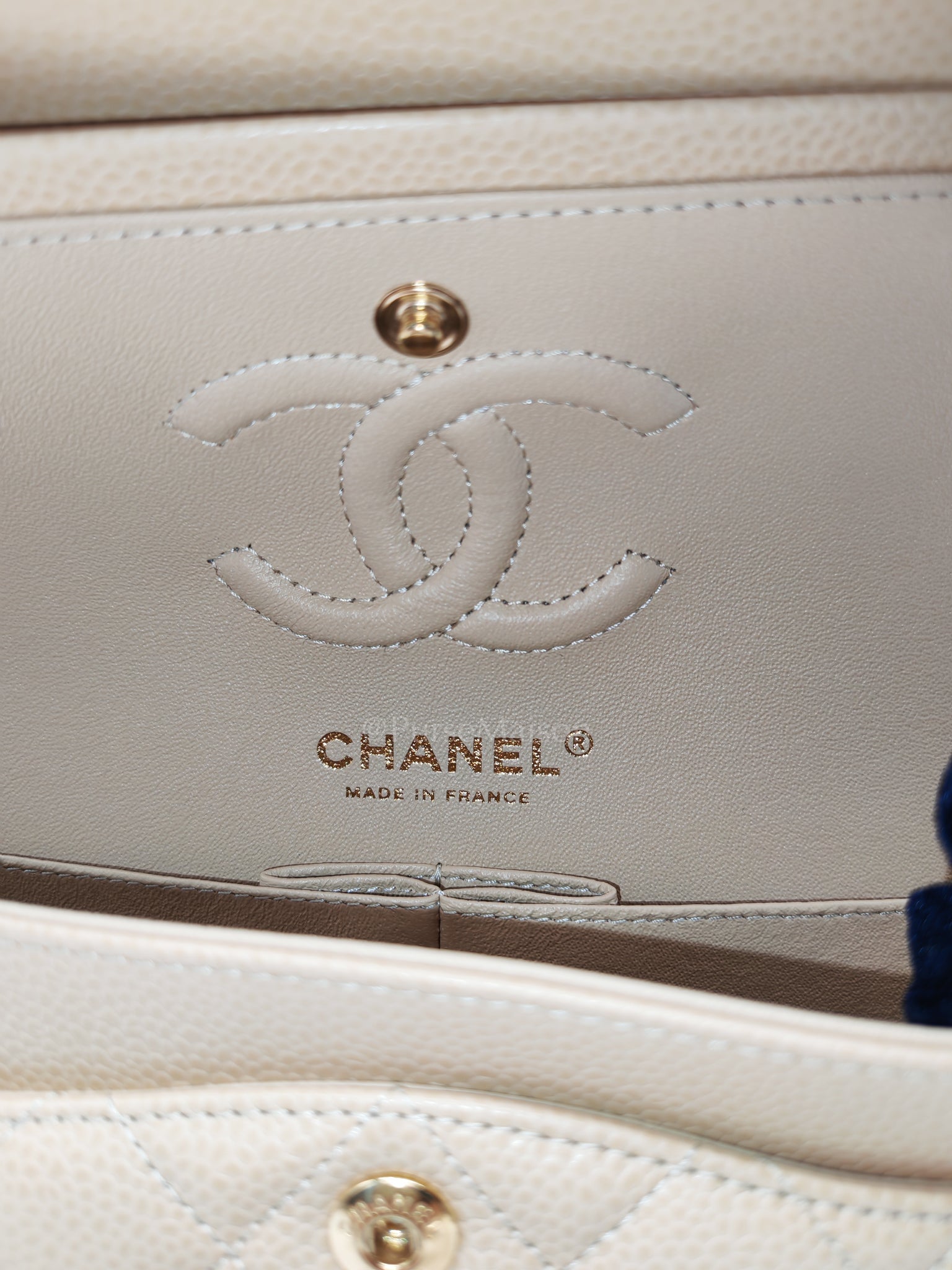 Classic Double Flap Small in Beige Clair Caviar Leather and Gold Hardware (Microchip) | Purse Maison Luxury Bags Shop