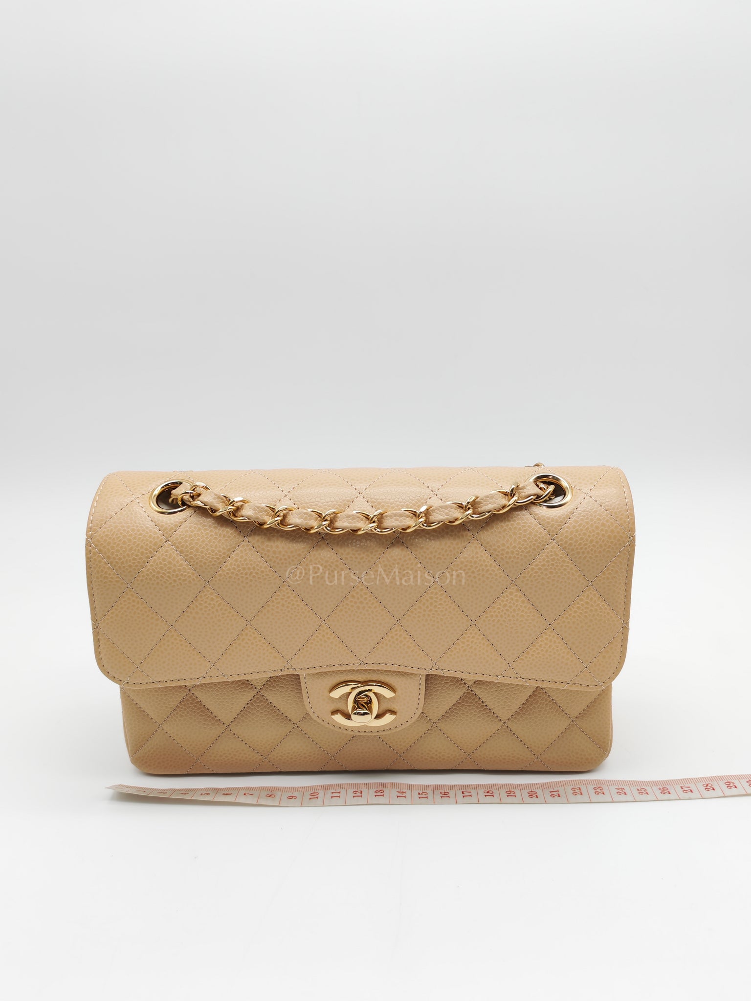 Classic Double Flap Small in Beige Clair Caviar Leather and Gold Hardware (Microchip) | Purse Maison Luxury Bags Shop