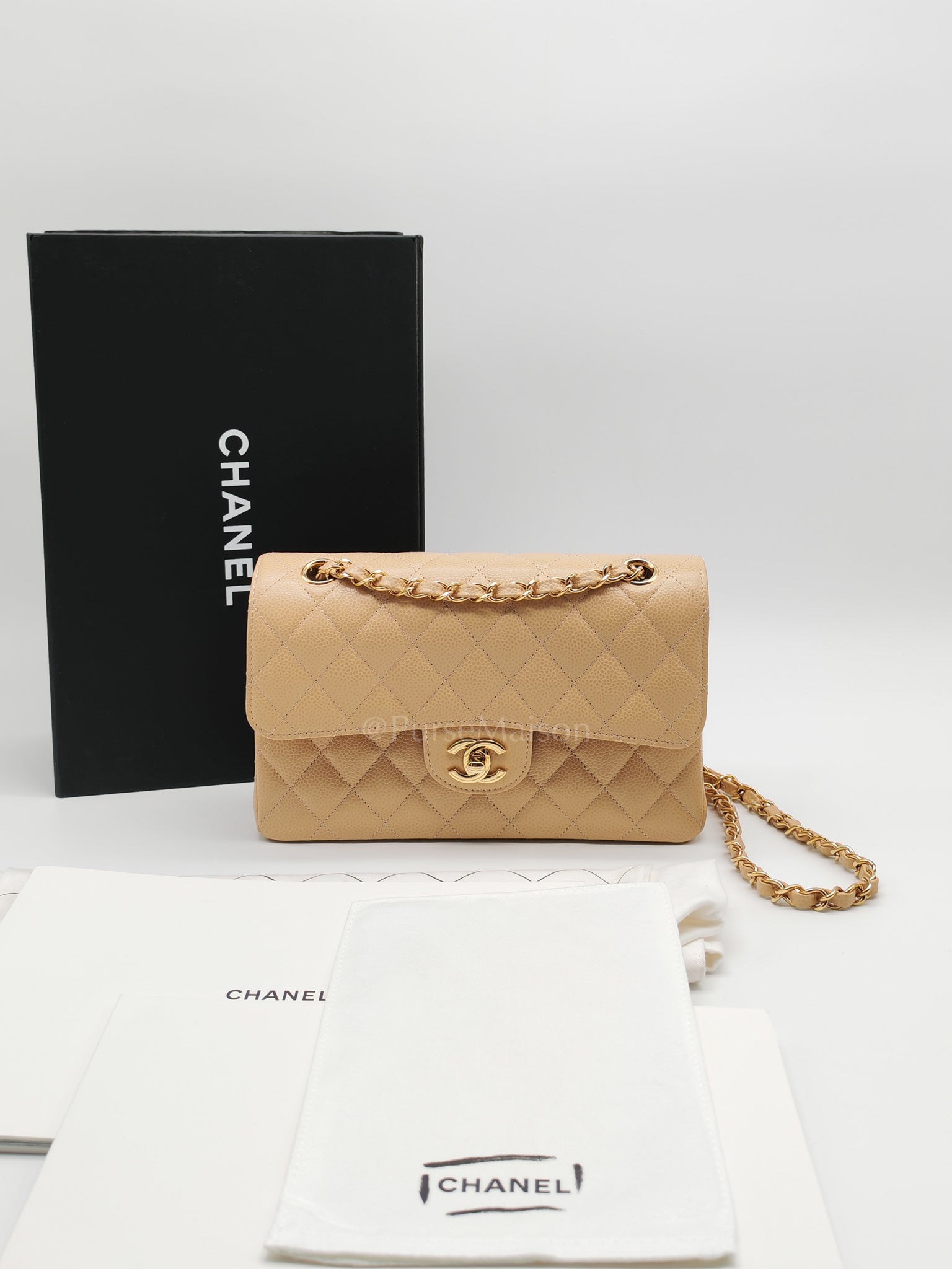 Classic Double Flap Small in Beige Clair Caviar Leather and Gold Hardware (Microchip) | Purse Maison Luxury Bags Shop