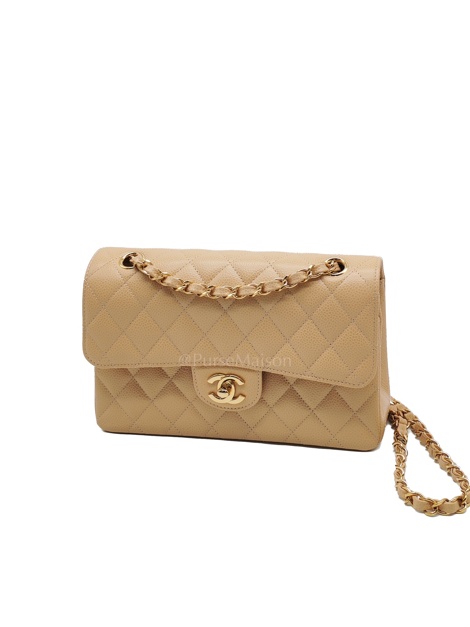 Classic Double Flap Small in Beige Clair Caviar Leather and Gold Hardware (Microchip) | Purse Maison Luxury Bags Shop