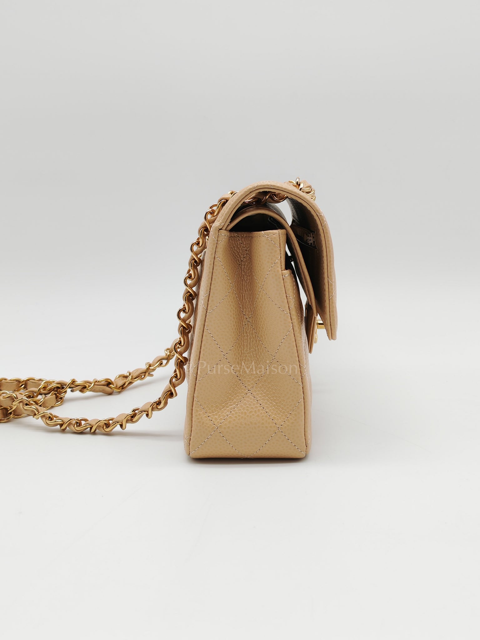 Classic Double Flap Small in Beige Clair Caviar Leather and Gold Hardware (Microchip) | Purse Maison Luxury Bags Shop