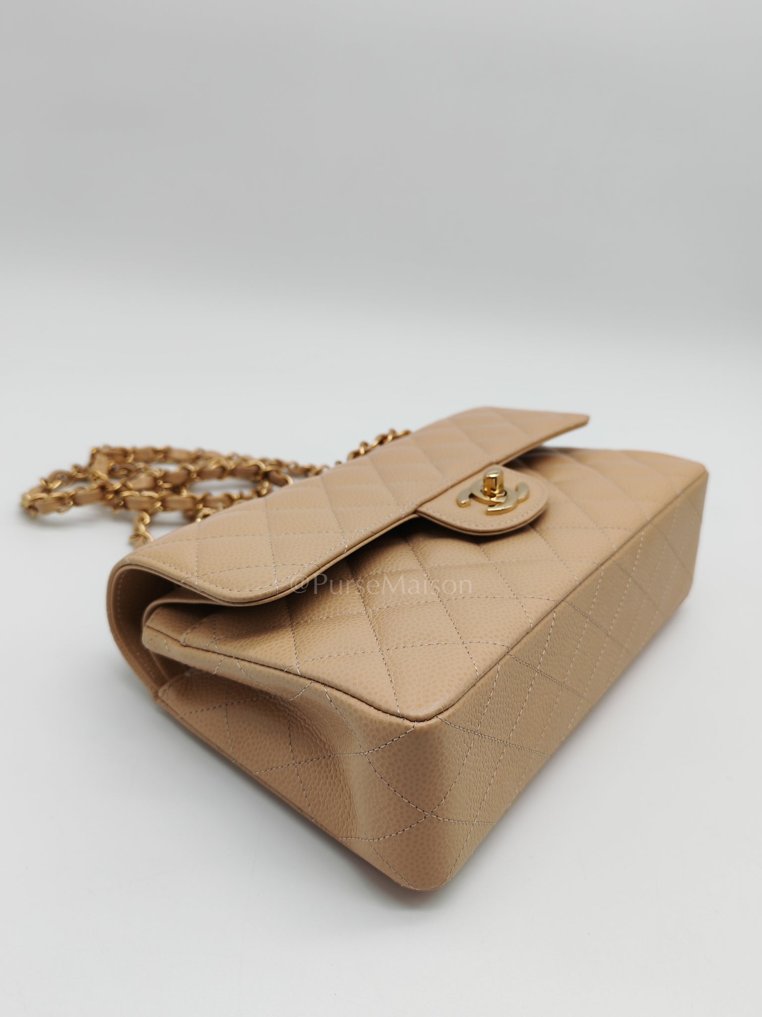 Classic Double Flap Small in Beige Clair Caviar Leather and Gold Hardware (Microchip) | Purse Maison Luxury Bags Shop