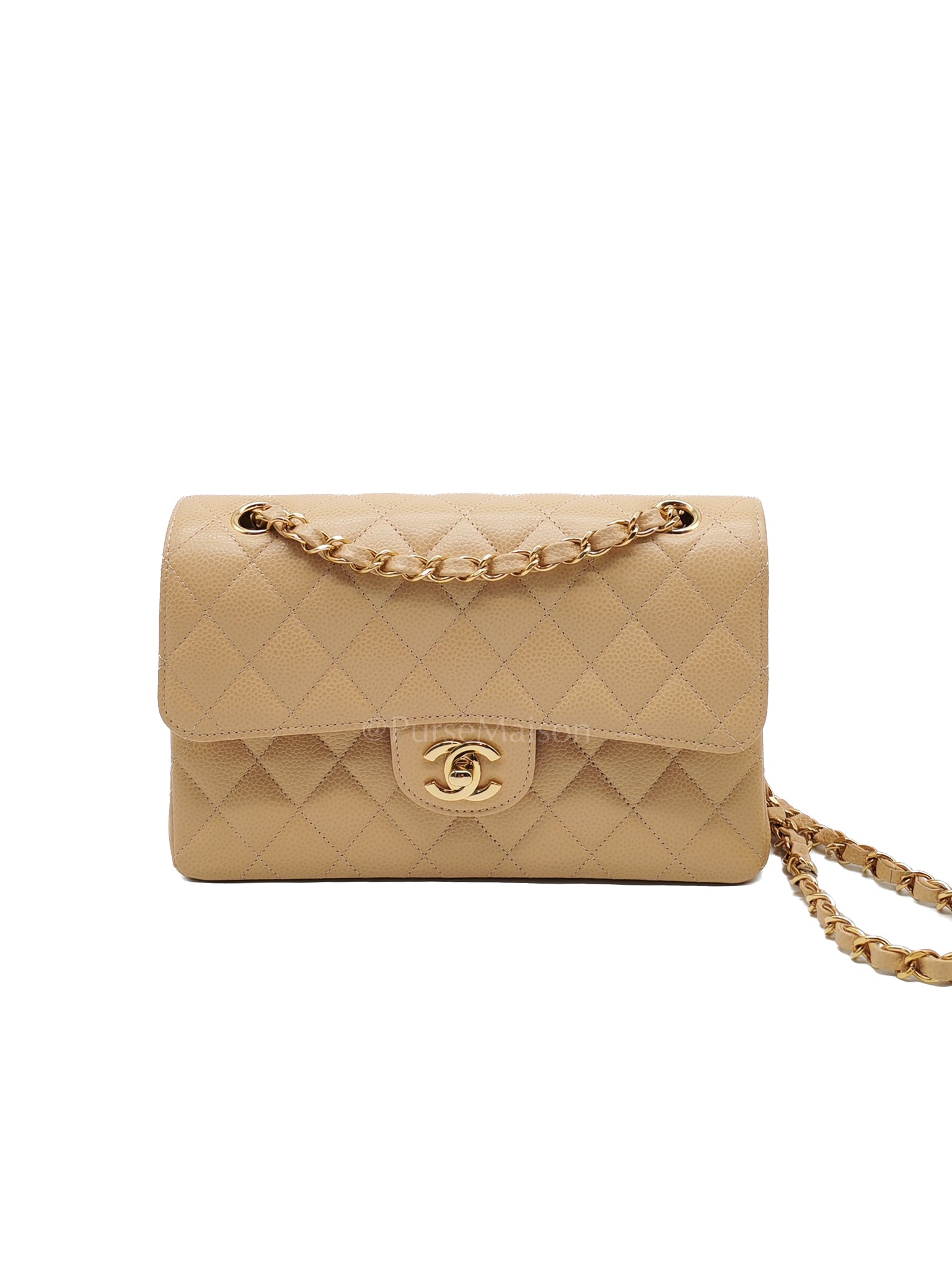 Classic Double Flap Small in Beige Clair Caviar Leather and Gold Hardware (Microchip) | Purse Maison Luxury Bags Shop