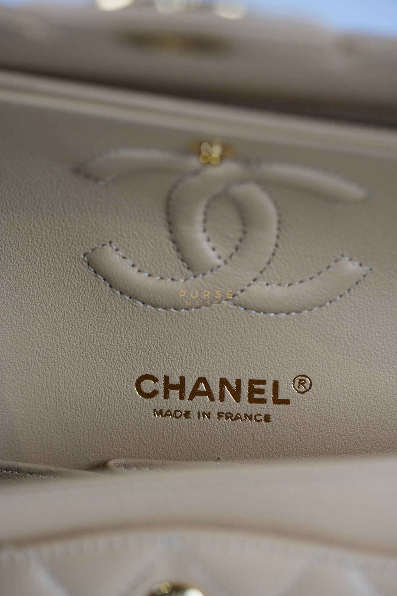 Classic Double Flap Small in Beige Clair Quilted Caviar Leather and Gold Hardware (Microchip) | Purse Maison Luxury Bags Shop