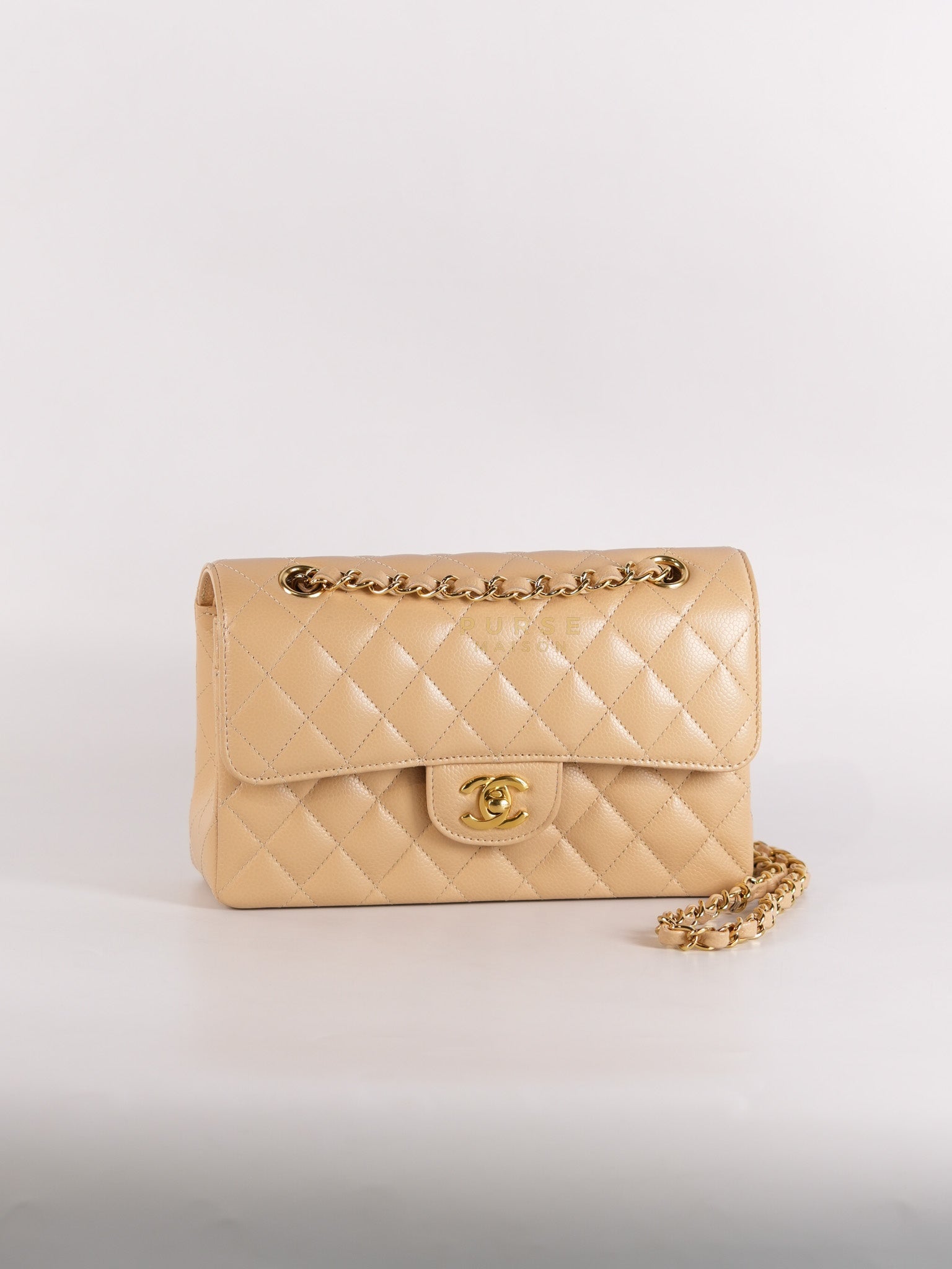 Classic Double Flap Small in Beige Clair Quilted Caviar Leather and Gold Hardware (Microchip) | Purse Maison Luxury Bags Shop