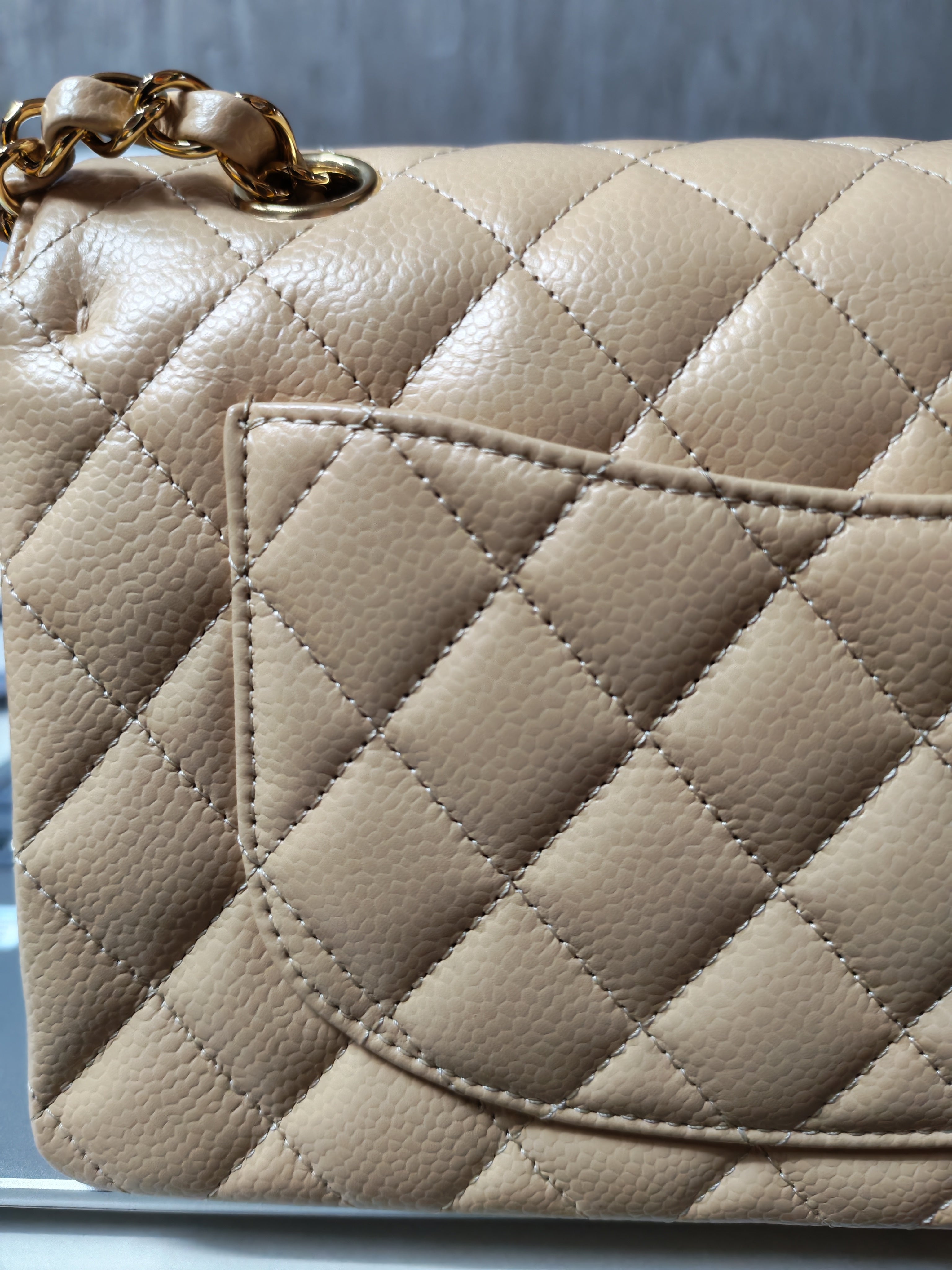 Classic Double Flap Small in Beige Clair Quilted Caviar Leather and Gold Hardware (Microchip) | Purse Maison Luxury Bags Shop