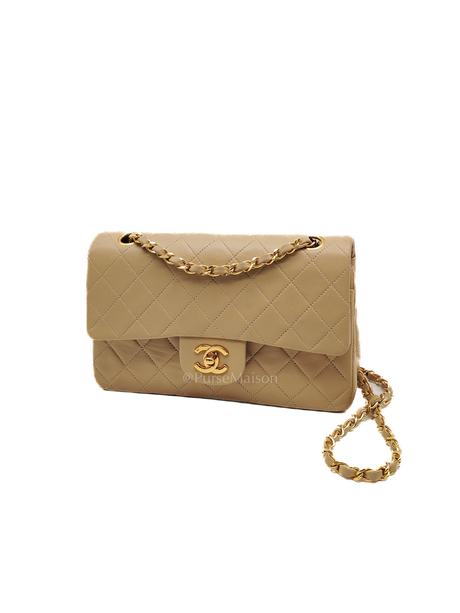 Classic Double Flap Small in Beige Lambskin Leather & Gold Hardware Series 1 | Purse Maison Luxury Bags Shop