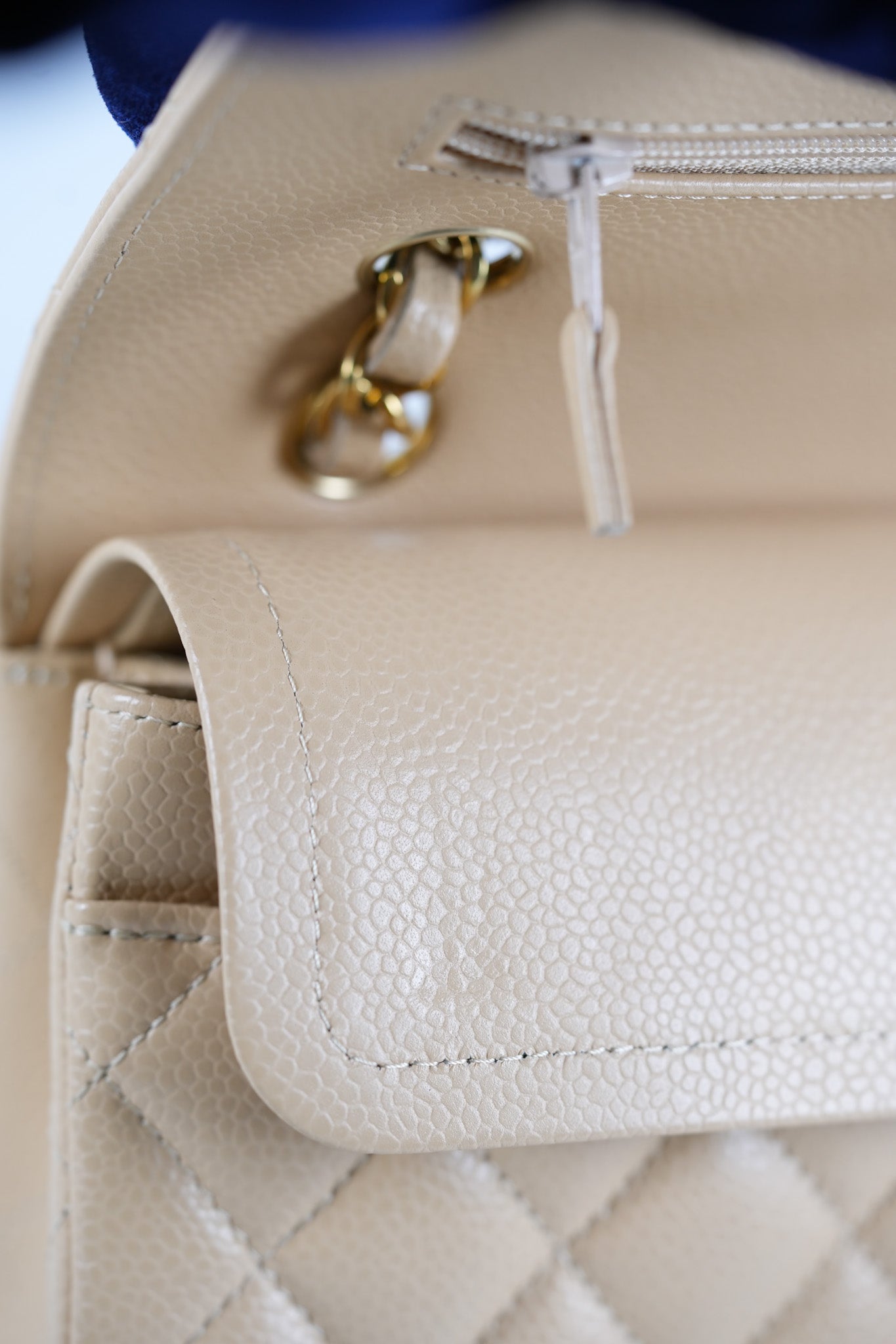 Classic Double Flap Small in Beige Quilted Caviar Leather & Gold Hardware Microchip | Purse Maison Luxury Bags Shop