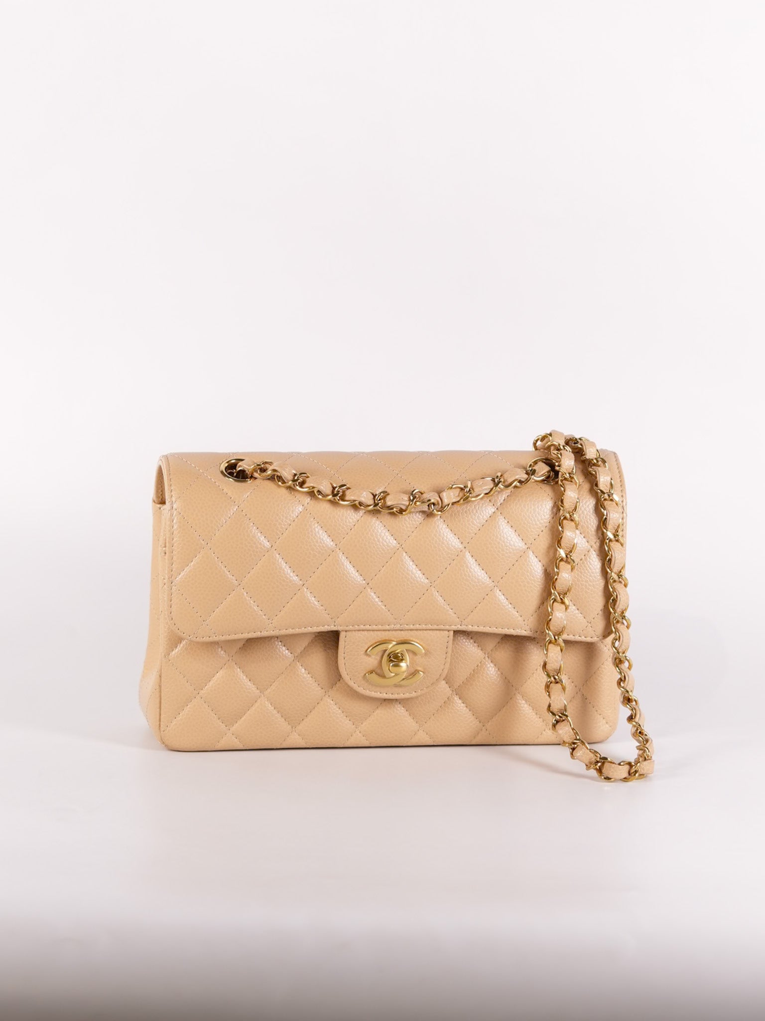 Classic Double Flap Small in Beige Quilted Caviar Leather & Gold Hardware Microchip | Purse Maison Luxury Bags Shop