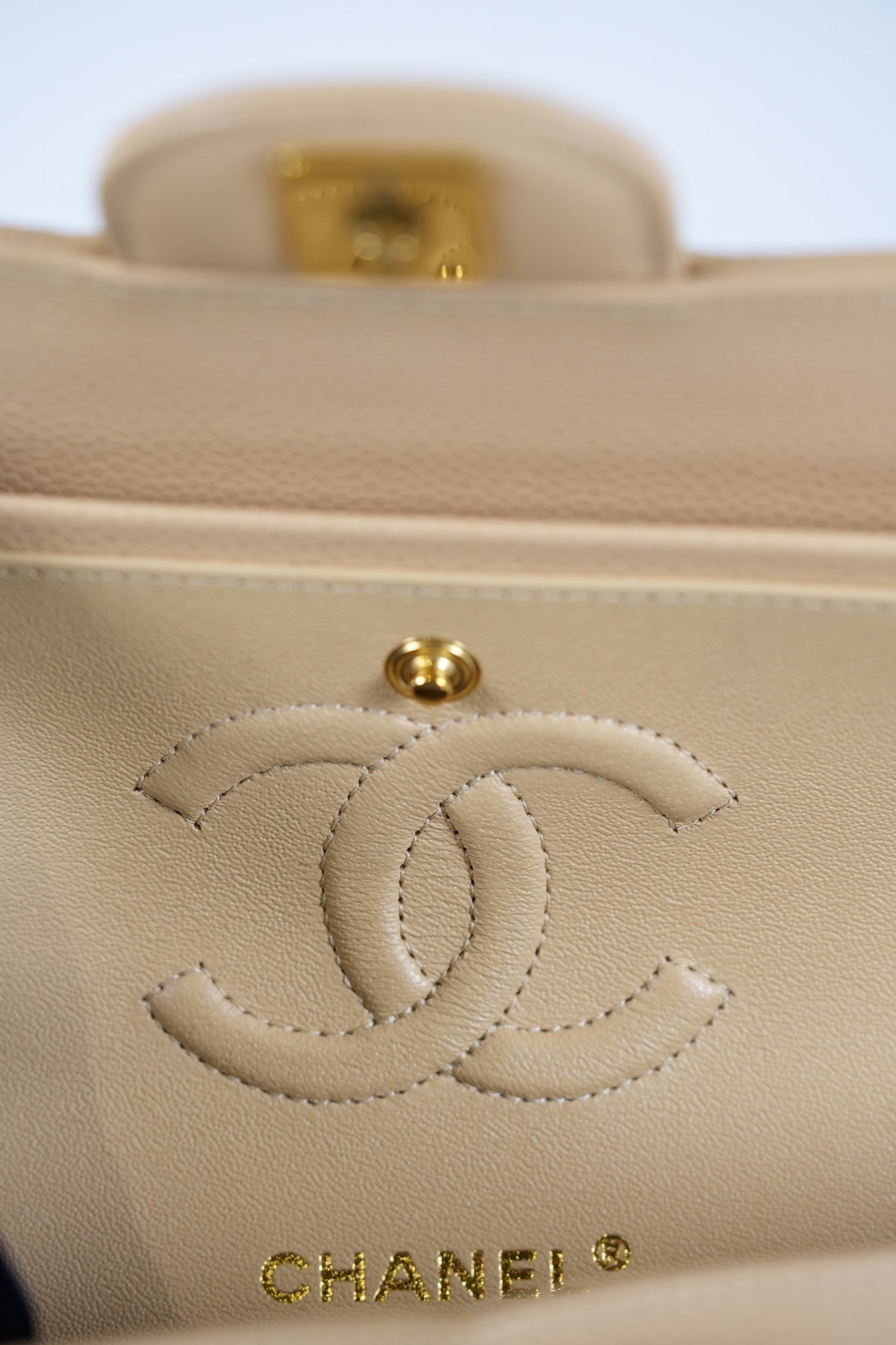 Classic Double Flap Small in Beige Quilted Caviar Leather & Gold Hardware Microchip | Purse Maison Luxury Bags Shop