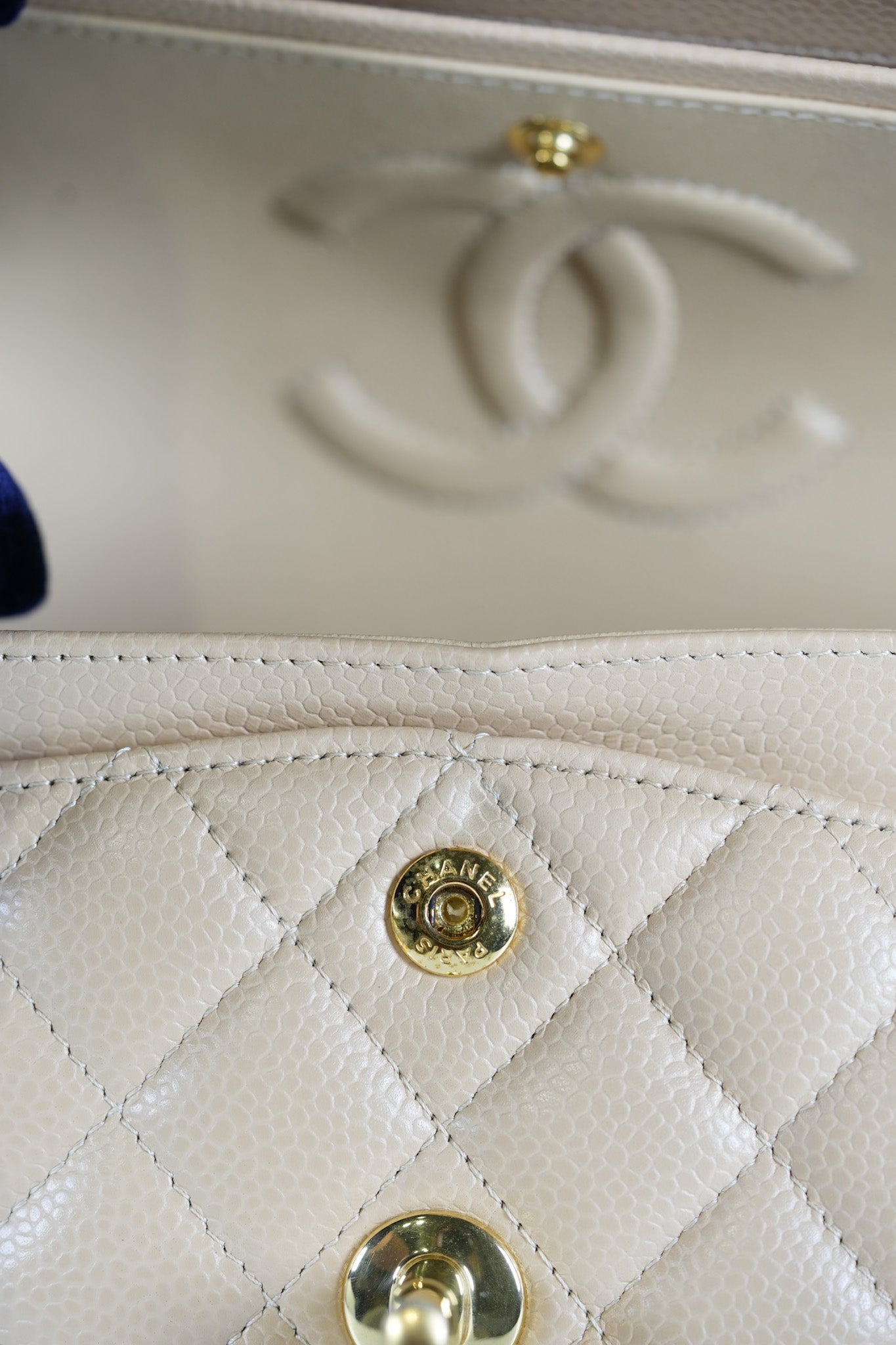 Classic Double Flap Small in Beige Quilted Caviar Leather & Gold Hardware Microchip | Purse Maison Luxury Bags Shop