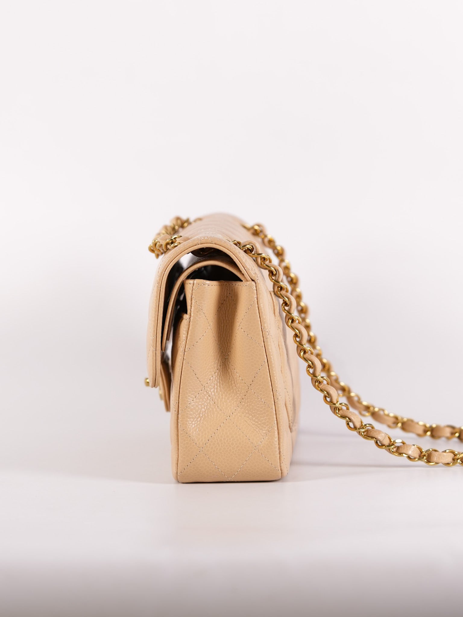 Classic Double Flap Small in Beige Quilted Caviar Leather & Gold Hardware Microchip | Purse Maison Luxury Bags Shop