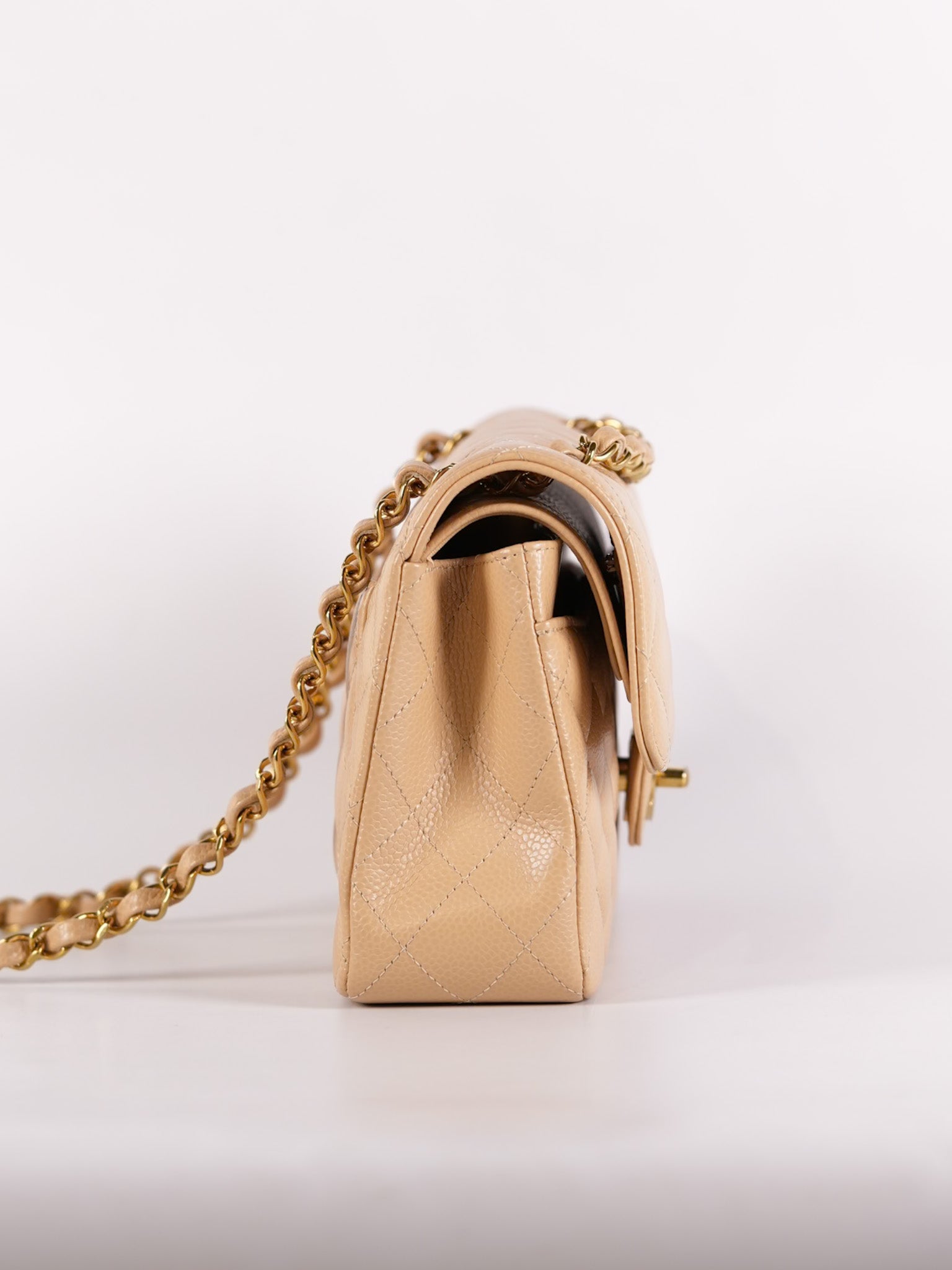 Classic Double Flap Small in Beige Quilted Caviar Leather & Gold Hardware Microchip | Purse Maison Luxury Bags Shop