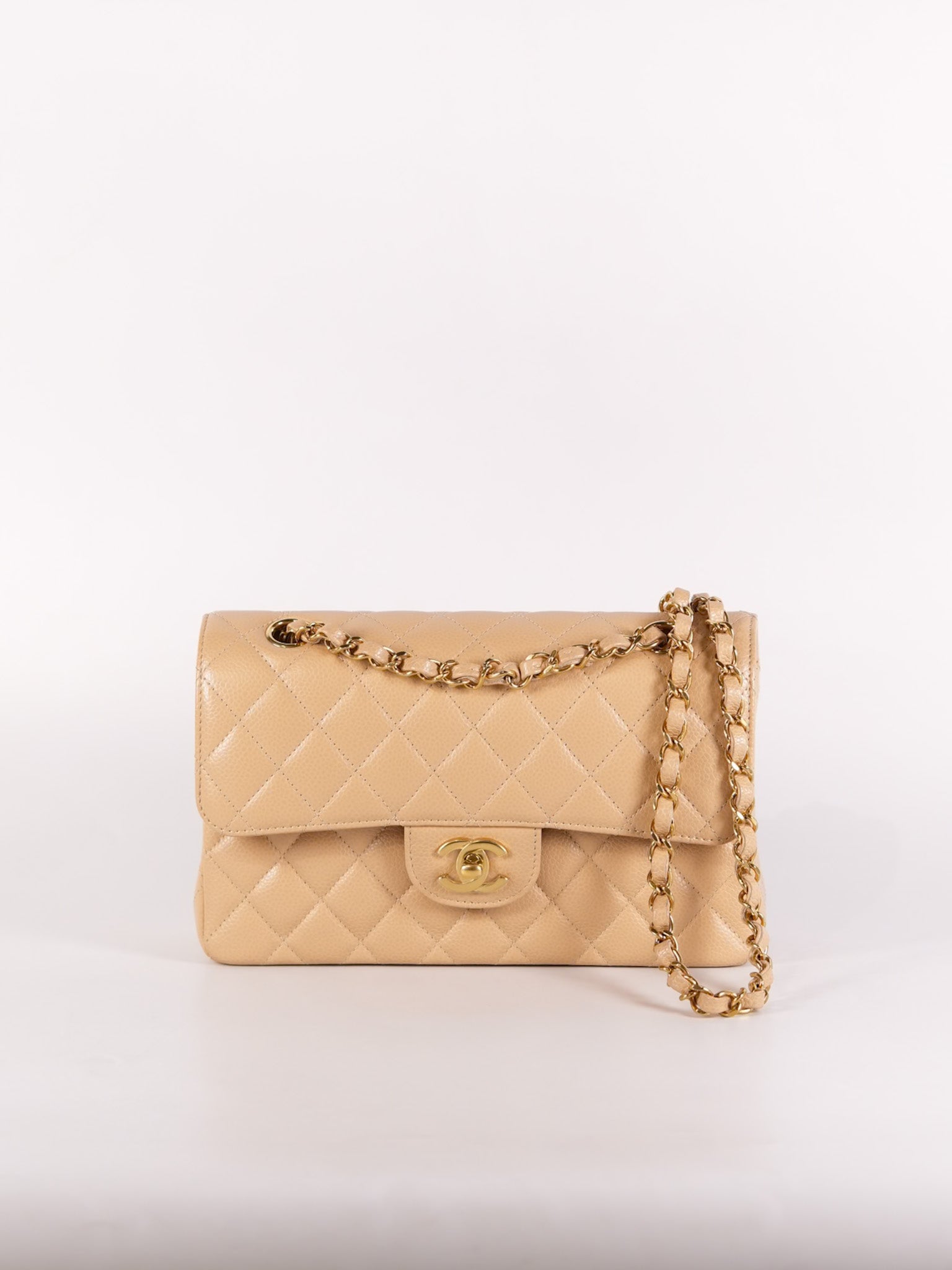 Classic Double Flap Small in Beige Quilted Caviar Leather & Gold Hardware Microchip | Purse Maison Luxury Bags Shop