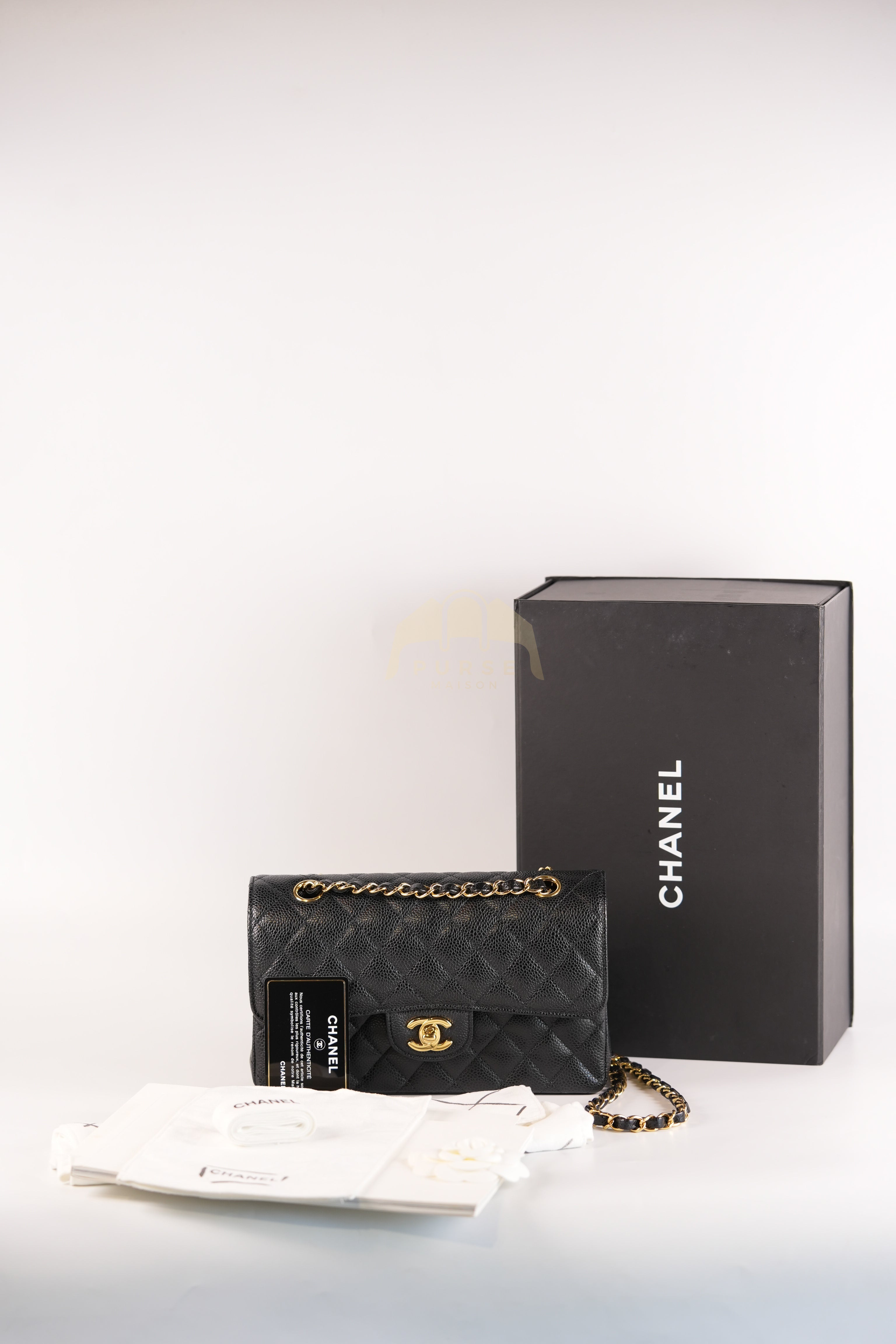 Classic Double Flap Small in Black Quilted Caviar Leather and Gold Hardware Series 28 | Purse Maison Luxury Bags Shop