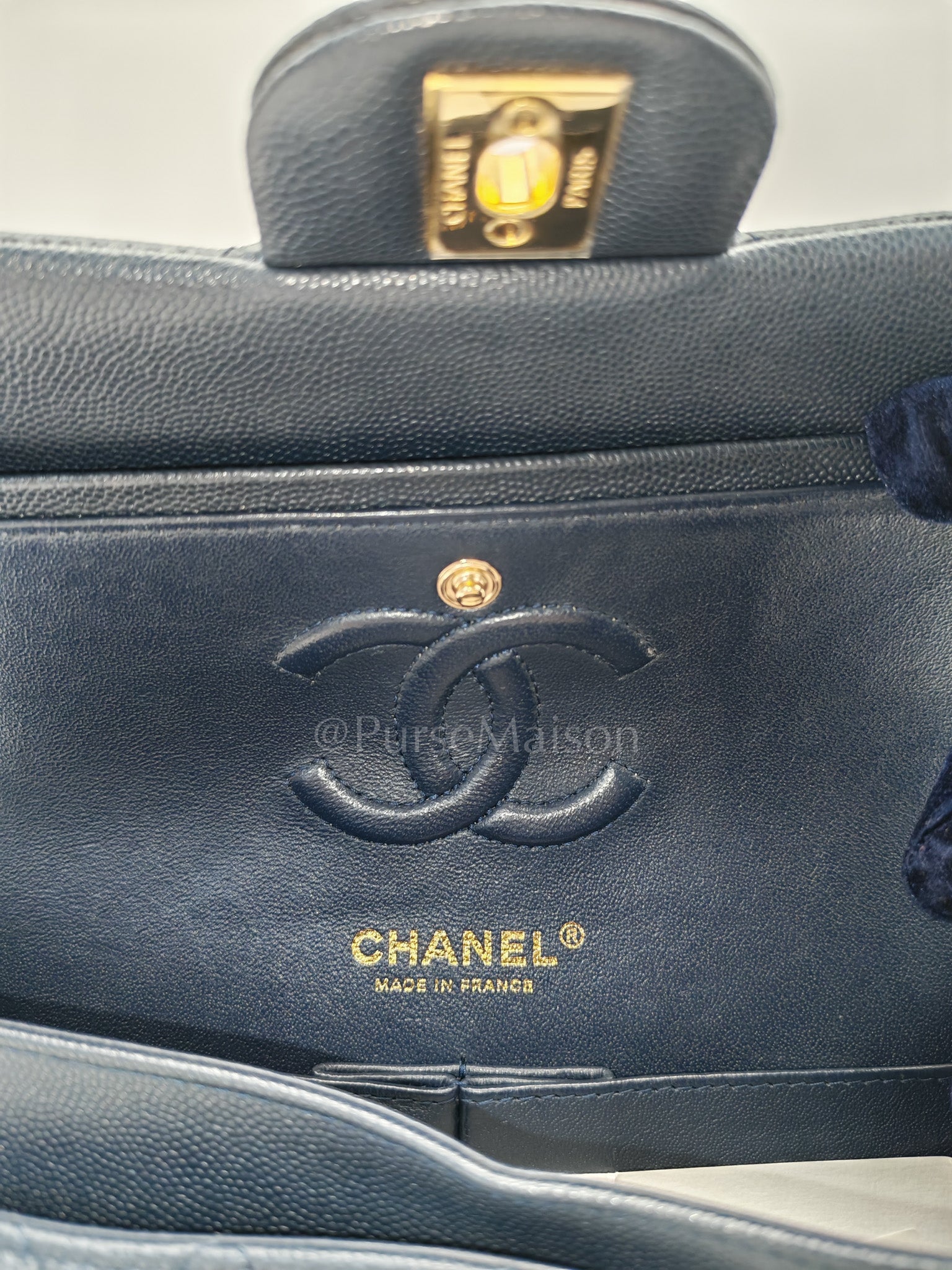 Classic Double Flap Small in Navy Blue Caviar Leather in Gold Hardware (Series 26) | Purse Maison Luxury Bags Shop