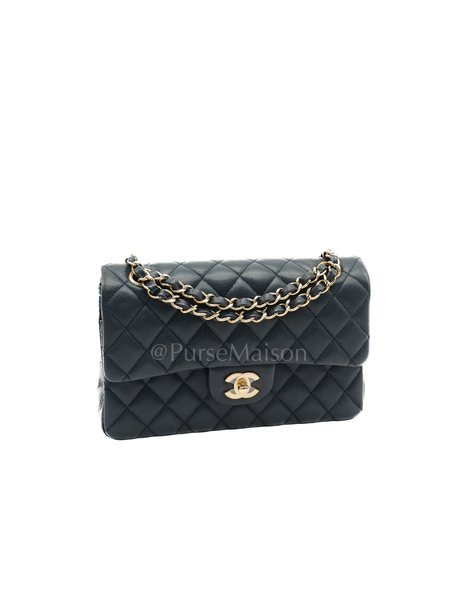 Classic Double Flap Small in Navy Blue Caviar Leather in Gold Hardware (Series 26) | Purse Maison Luxury Bags Shop