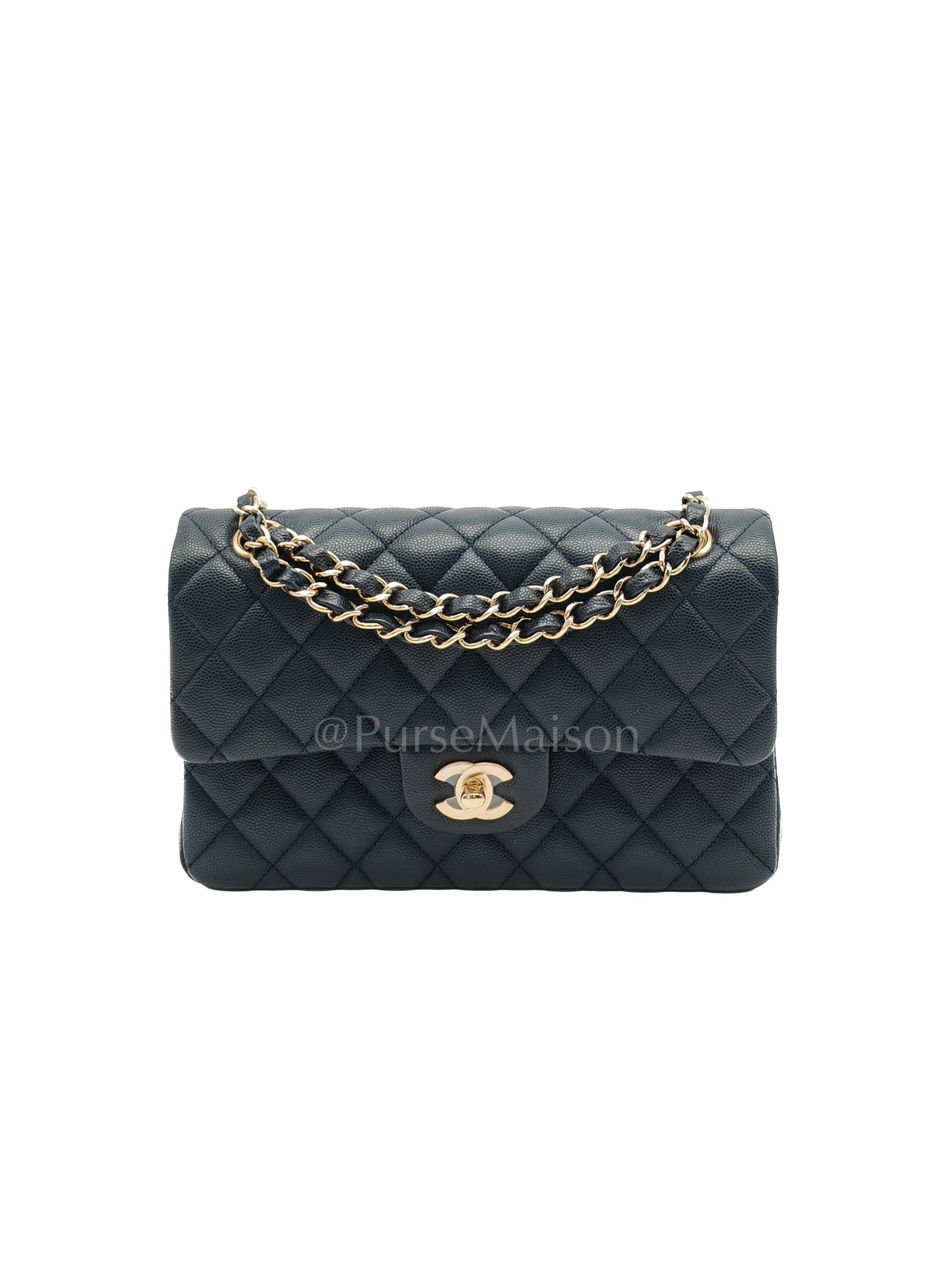 Classic Double Flap Small in Navy Blue Caviar Leather in Gold Hardware (Series 26) | Purse Maison Luxury Bags Shop