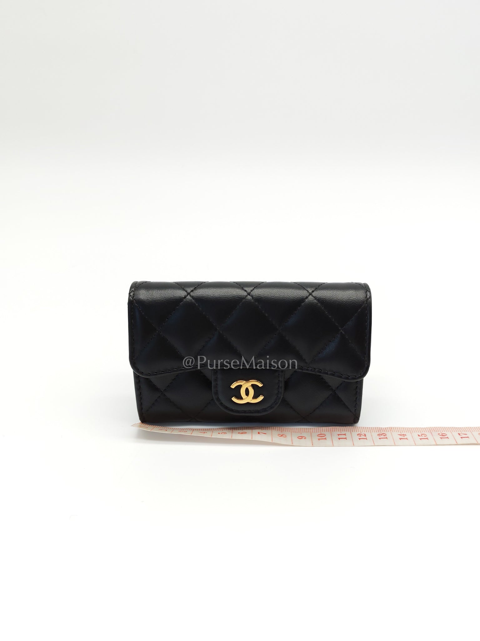 Classic Flap Card Holder Black Lambskin Leather in Gold Hardware (Microchip) | Purse Maison Luxury Bags Shop