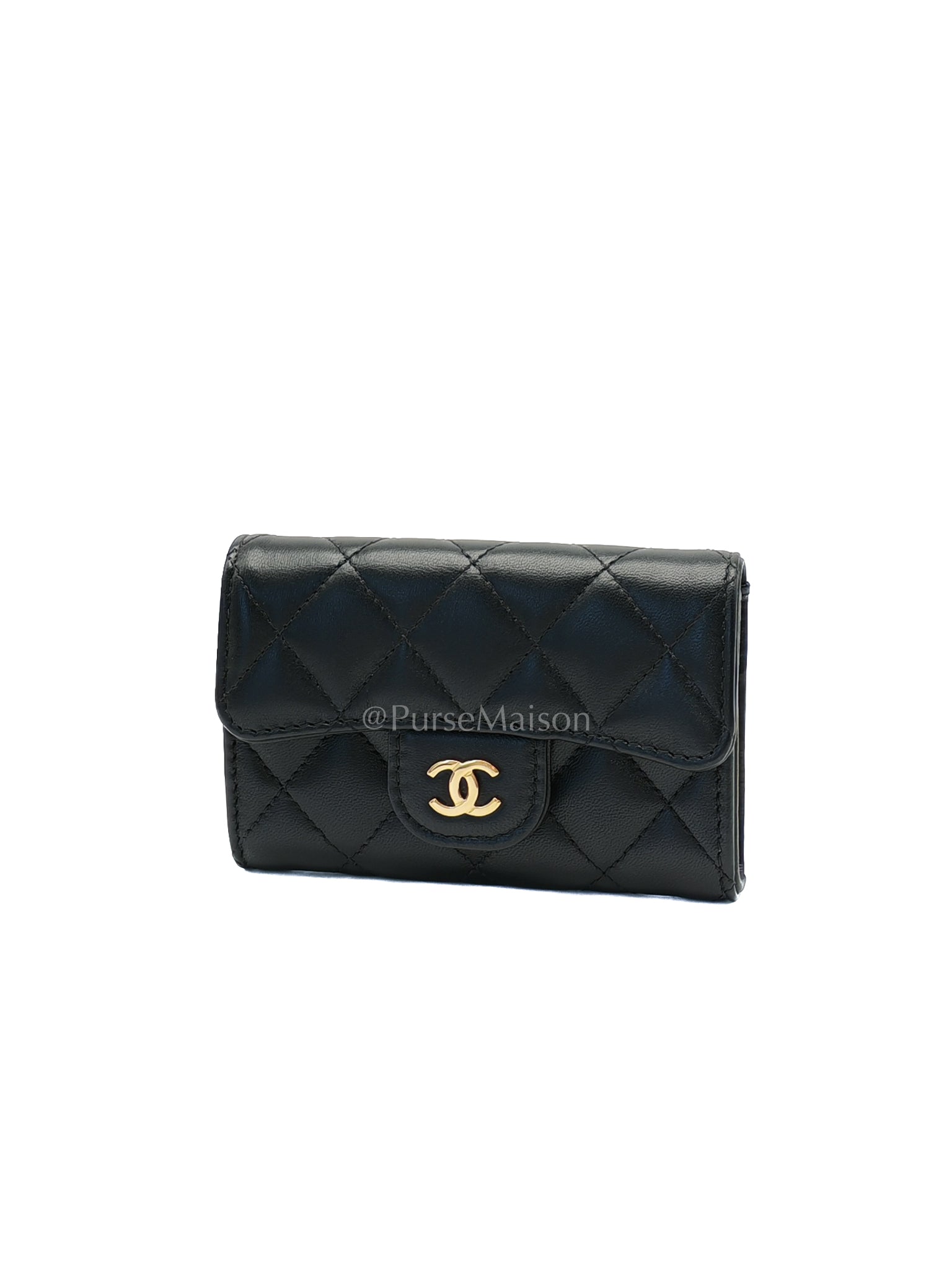 Classic Flap Card Holder Black Lambskin Leather in Gold Hardware (Microchip) | Purse Maison Luxury Bags Shop