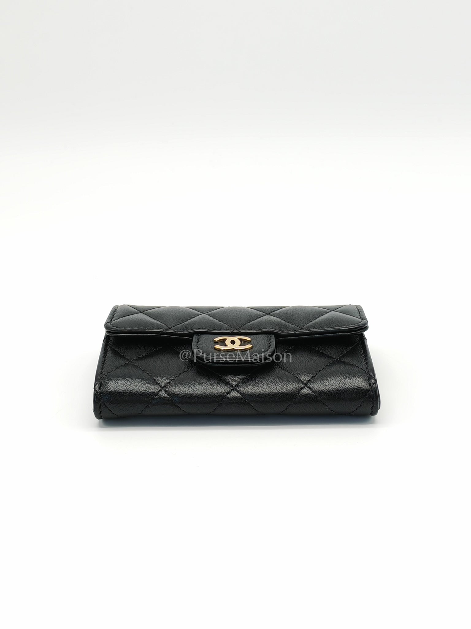 Classic Flap Card Holder Black Lambskin Leather in Gold Hardware (Microchip) | Purse Maison Luxury Bags Shop