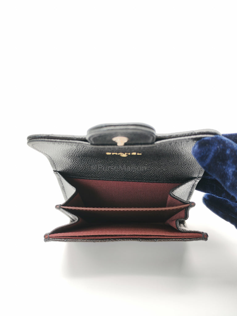 Classic Flap Card Holder Double Compartment in Black Quilted Caviar Leather and Silver Hardware (Microchip) | Purse Maison Luxury Bags Shop