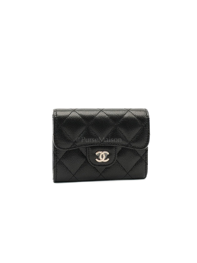 Classic Flap Card Holder Double Compartment in Black Quilted Caviar Leather and Silver Hardware (Microchip) | Purse Maison Luxury Bags Shop