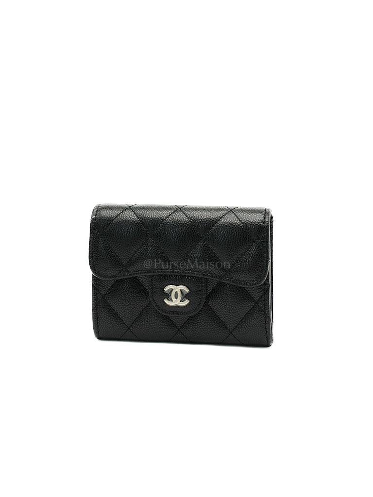 Classic Flap Card Holder Double Compartment in Black Quilted Caviar Leather and Silver Hardware (Microchip) | Purse Maison Luxury Bags Shop