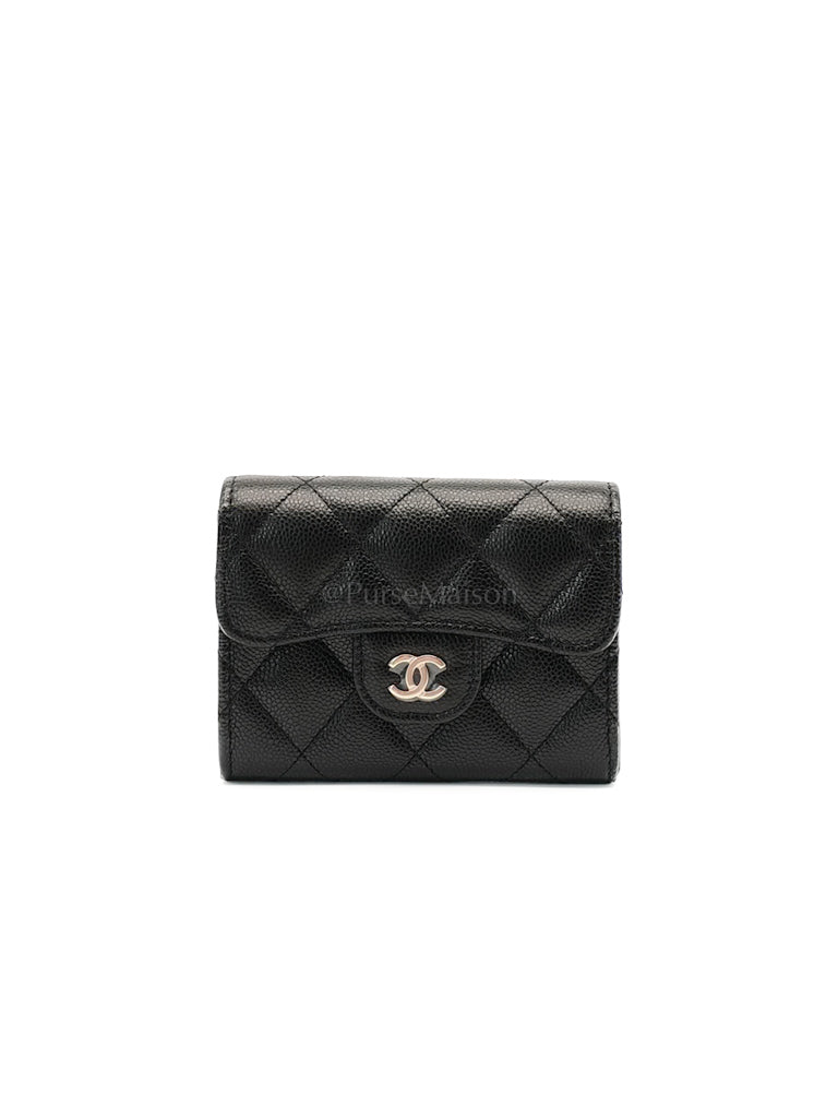 Classic Flap Card Holder Double Compartment in Black Quilted Caviar Leather and Silver Hardware (Microchip) | Purse Maison Luxury Bags Shop