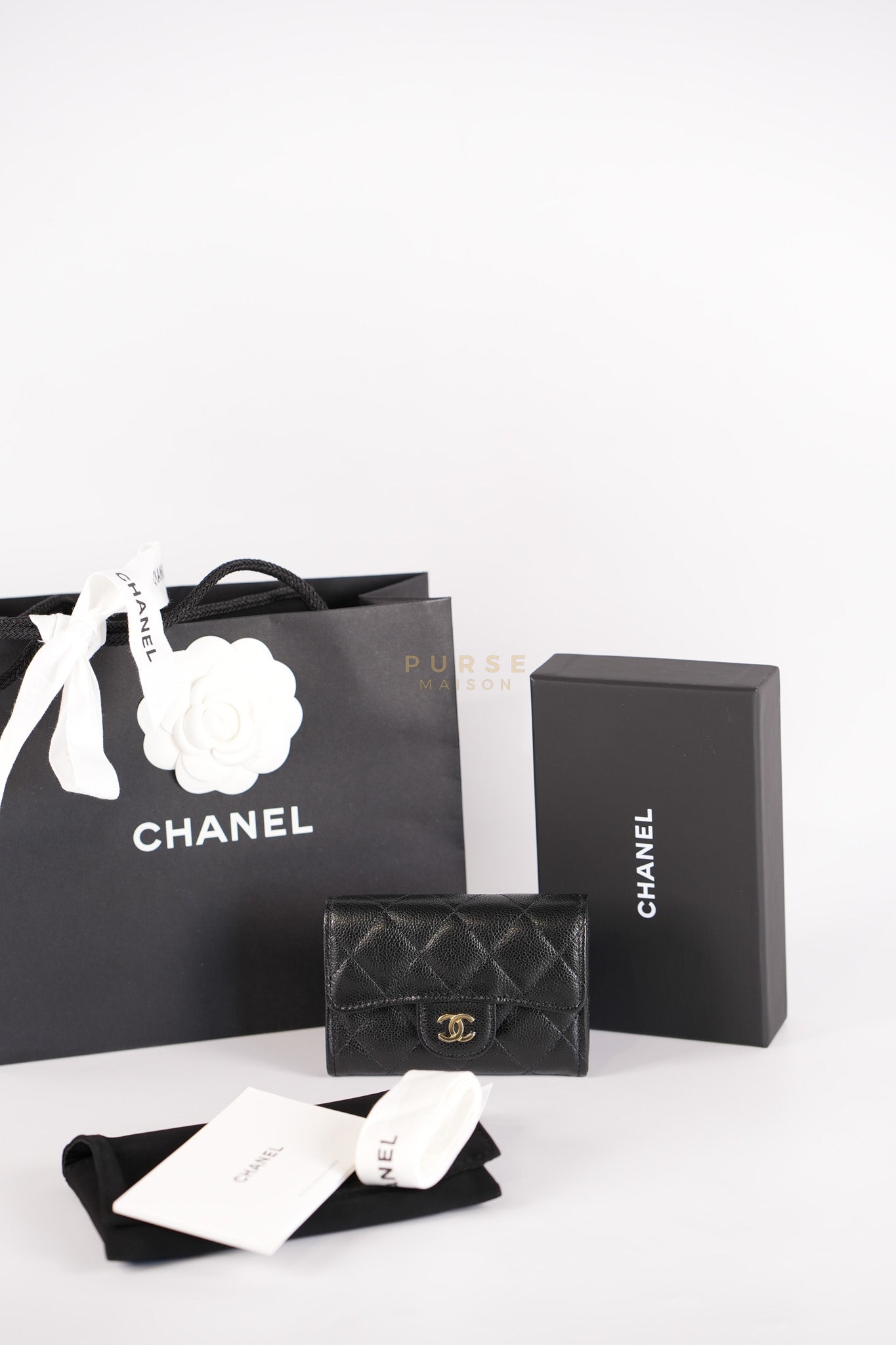 Classic Flap Card Holder in Black Caviar Leather and Light Gold Hardware (New Version with Zipper) (Microchip) | Purse Maison Luxury Bags Shop